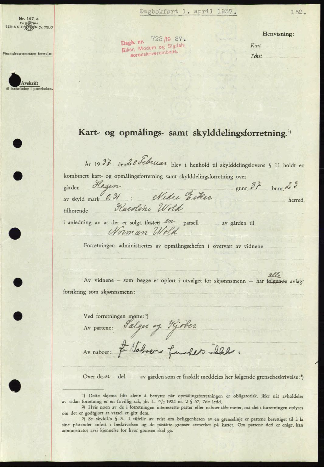 Eiker, Modum og Sigdal sorenskriveri, SAKO/A-123/G/Ga/Gab/L0035: Mortgage book no. A5, 1937-1937, Diary no: : 722/1937