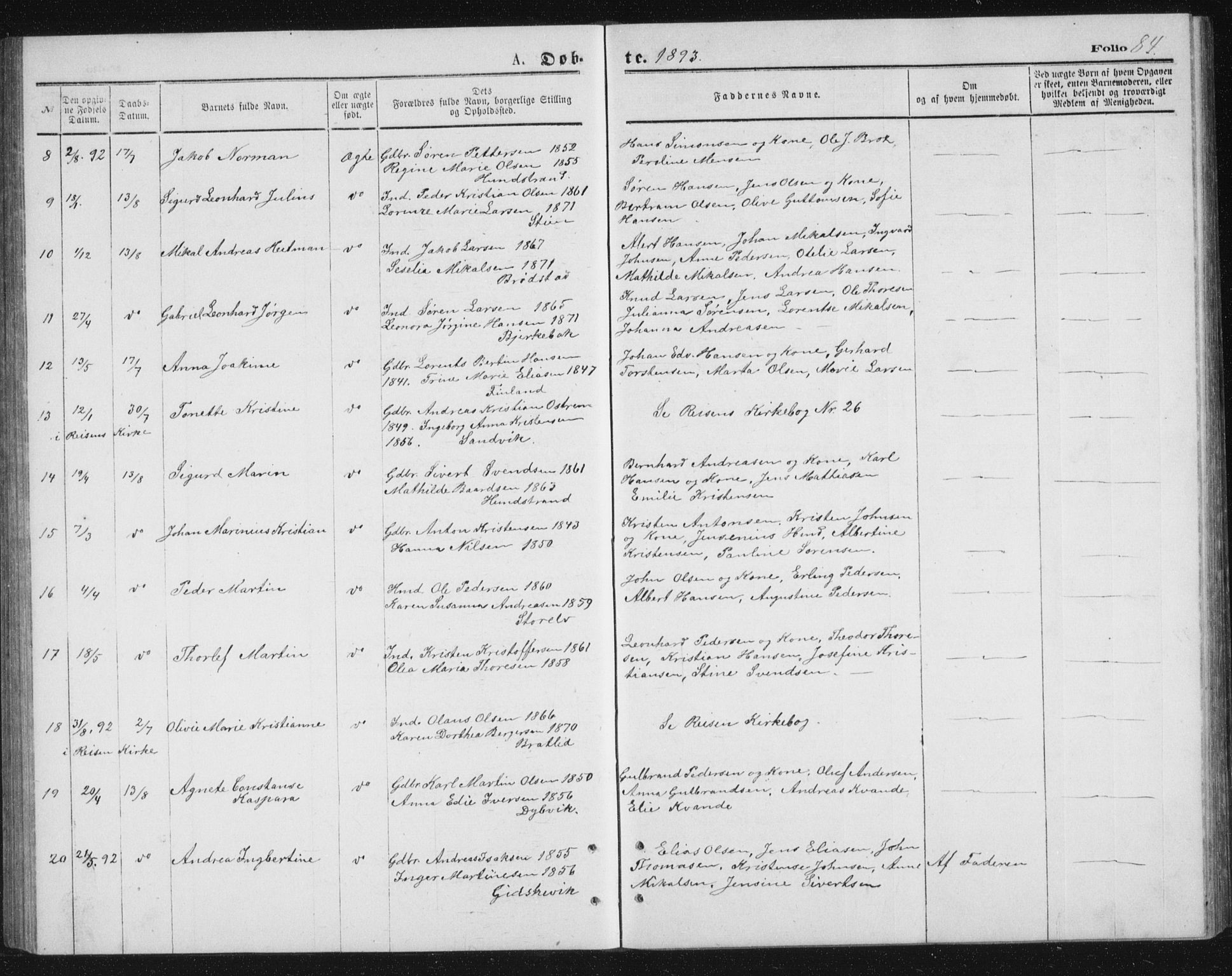 Tranøy sokneprestkontor, AV/SATØ-S-1313/I/Ia/Iab/L0013klokker: Parish register (copy) no. 13, 1874-1896, p. 84