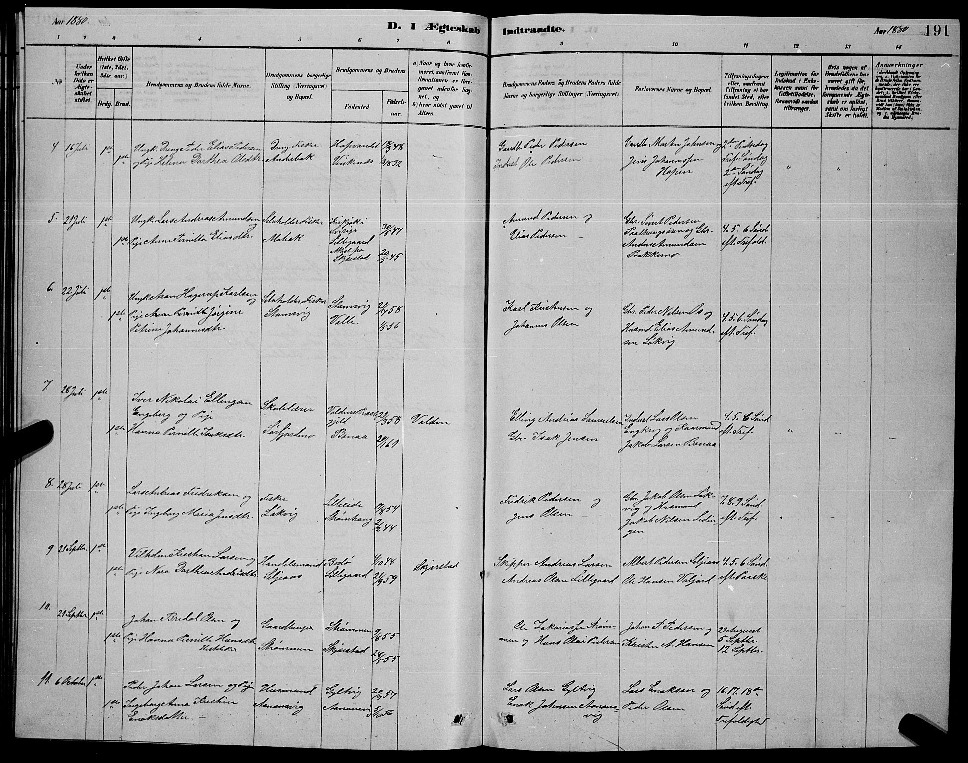 Ministerialprotokoller, klokkerbøker og fødselsregistre - Nordland, AV/SAT-A-1459/853/L0776: Parish register (copy) no. 853C04, 1878-1889, p. 191