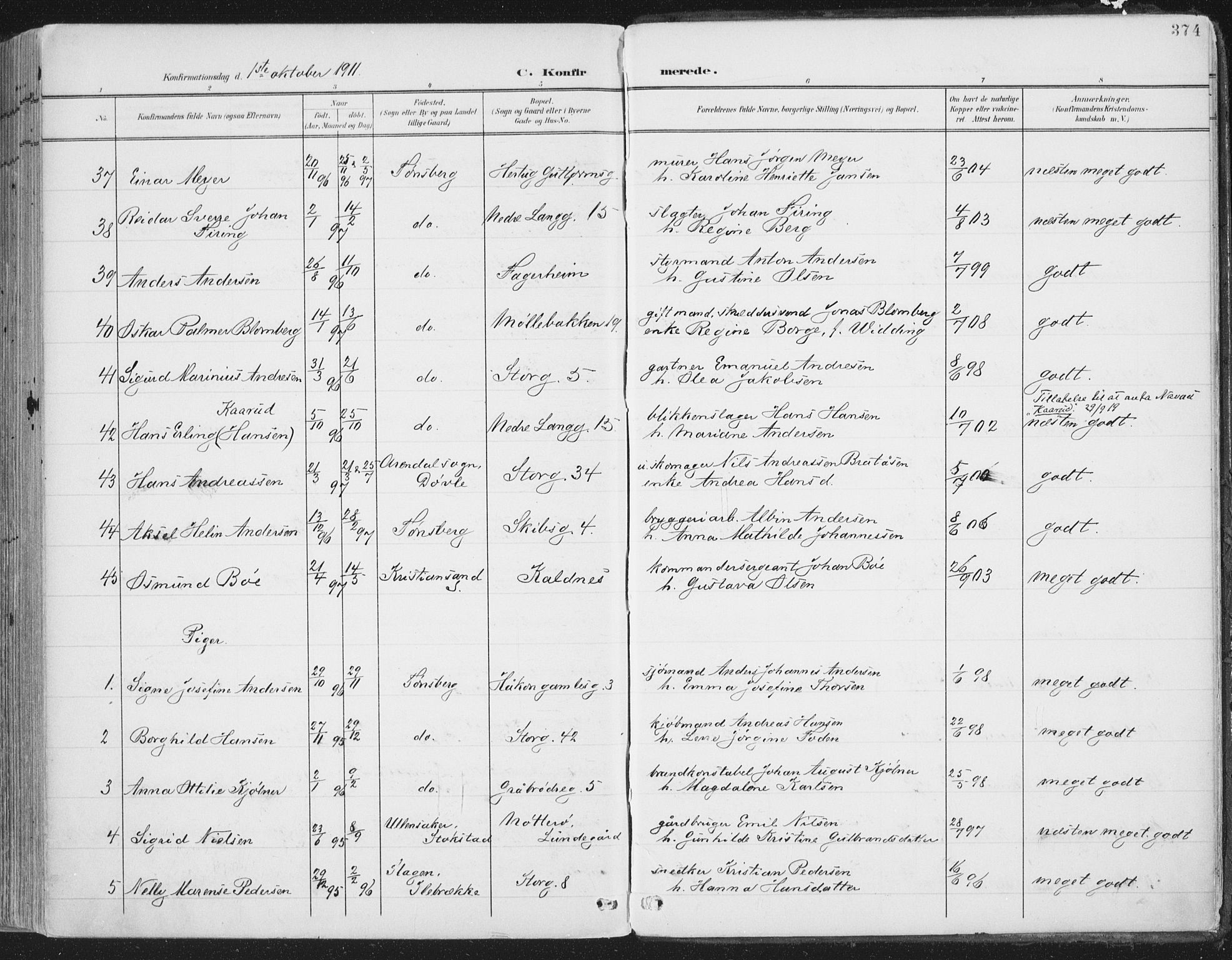 Tønsberg kirkebøker, SAKO/A-330/F/Fa/L0014: Parish register (official) no. I 14, 1900-1913, p. 374