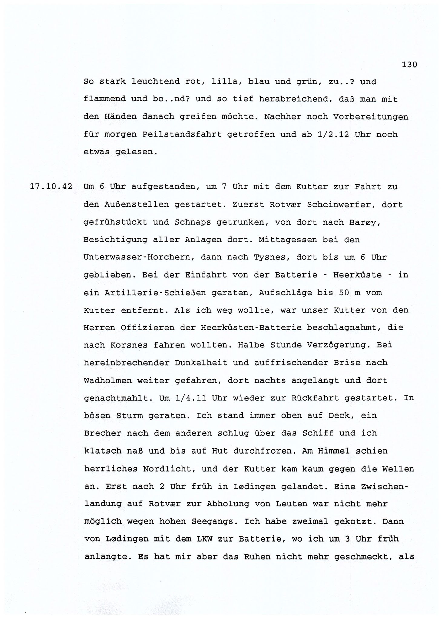 Dagbokopptegnelser av en tysk marineoffiser stasjonert i Norge , FMFB/A-1160/F/L0001: Dagbokopptegnelser av en tysk marineoffiser stasjonert i Norge, 1941-1944, p. 130