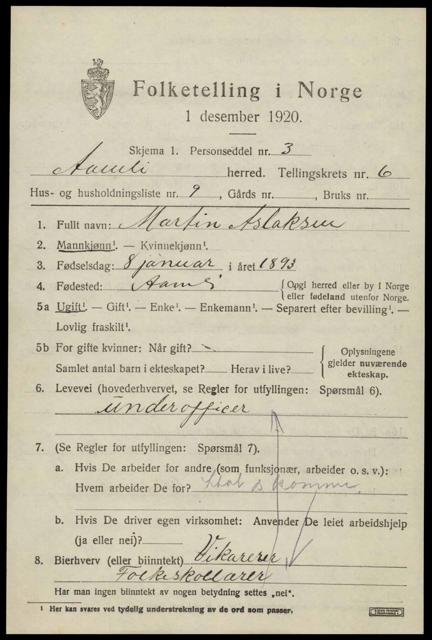 SAK, 1920 census for Åmli, 1920, p. 2715