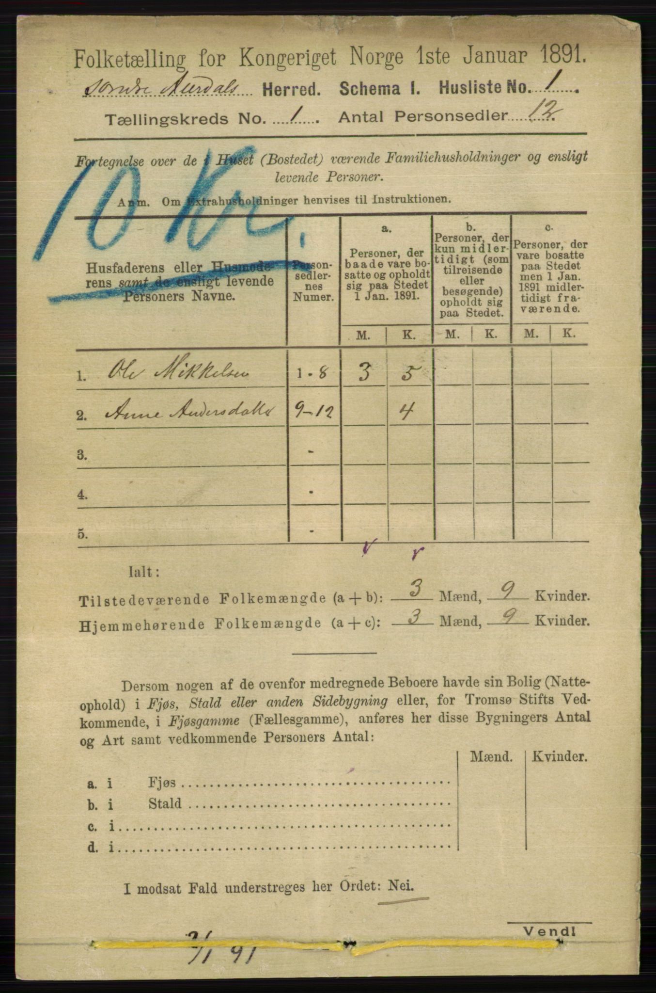 RA, 1891 census for 0540 Sør-Aurdal, 1891, p. 33