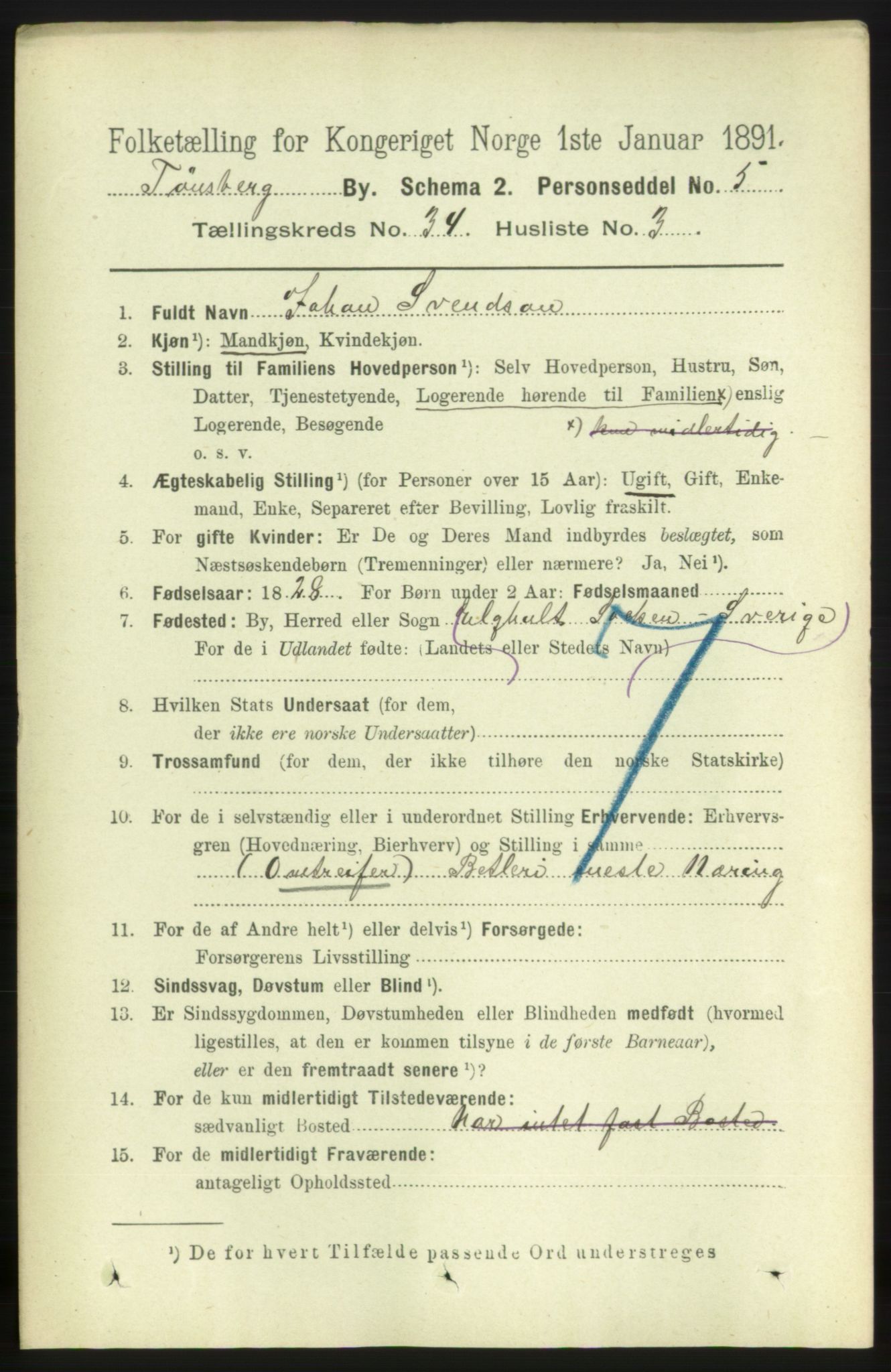 RA, 1891 census for 0705 Tønsberg, 1891, p. 7697