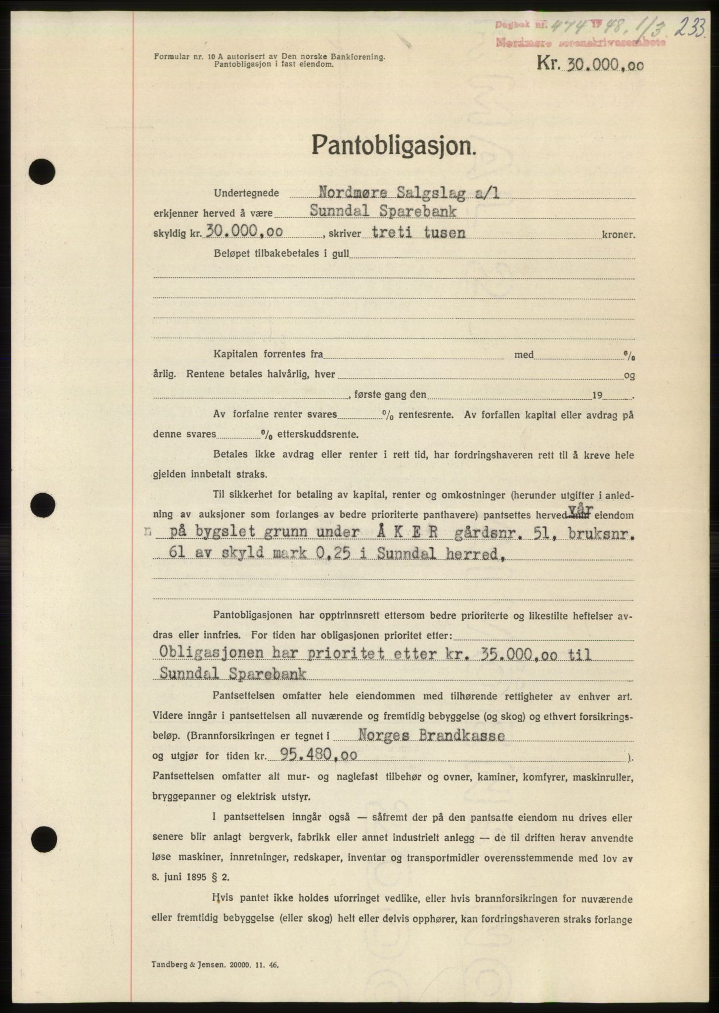 Nordmøre sorenskriveri, AV/SAT-A-4132/1/2/2Ca: Mortgage book no. B98, 1948-1948, Diary no: : 474/1948