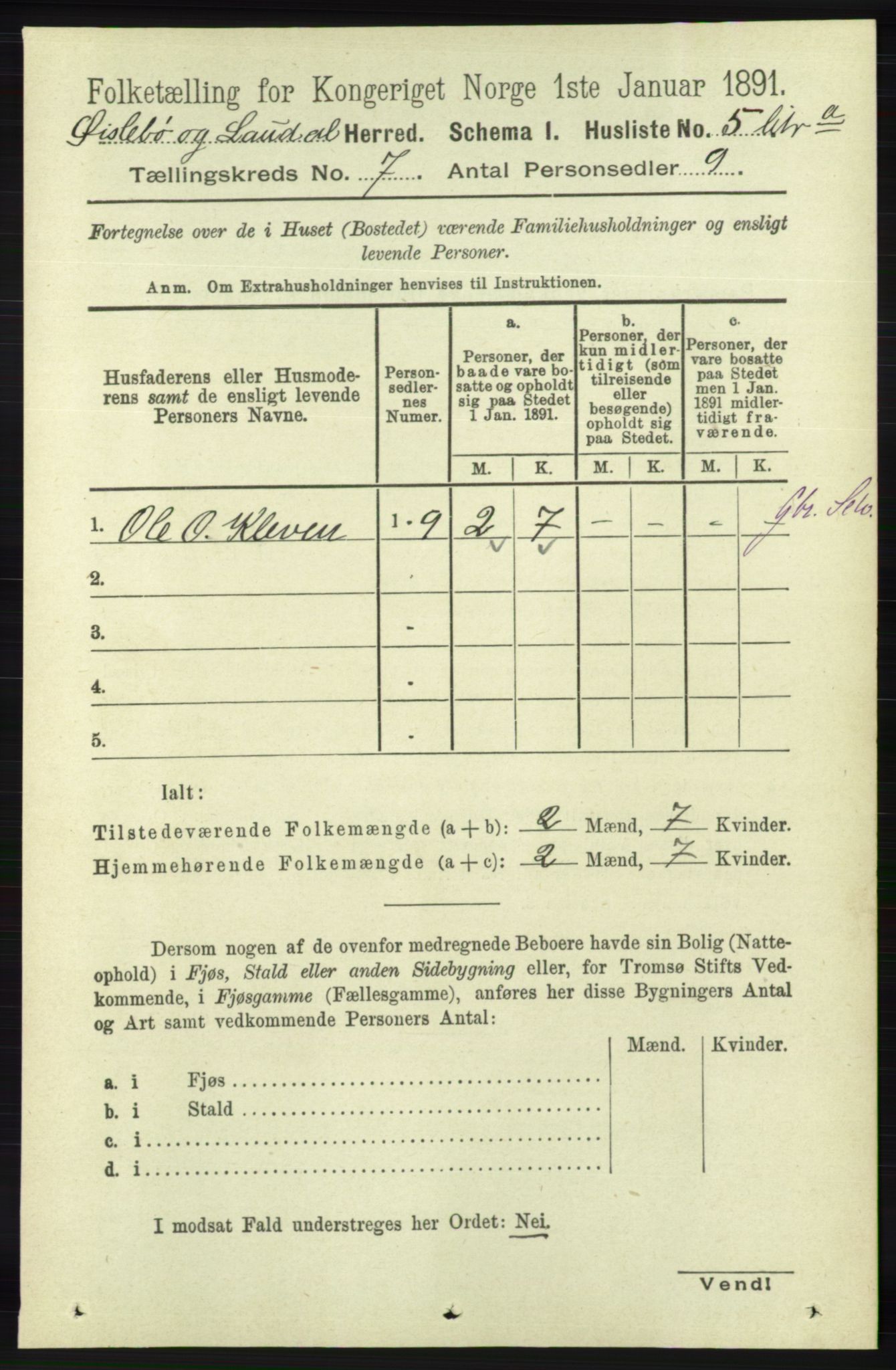 RA, 1891 census for 1021 Øyslebø og Laudal, 1891, p. 1906