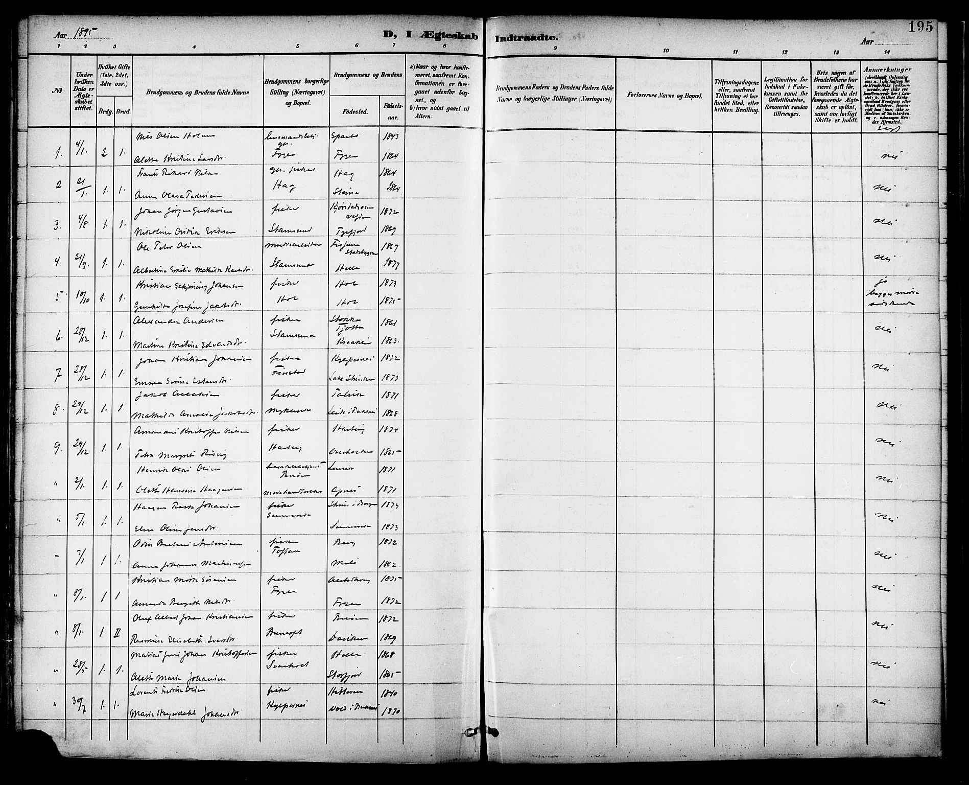 Ministerialprotokoller, klokkerbøker og fødselsregistre - Nordland, AV/SAT-A-1459/882/L1179: Parish register (official) no. 882A01, 1886-1898, p. 195