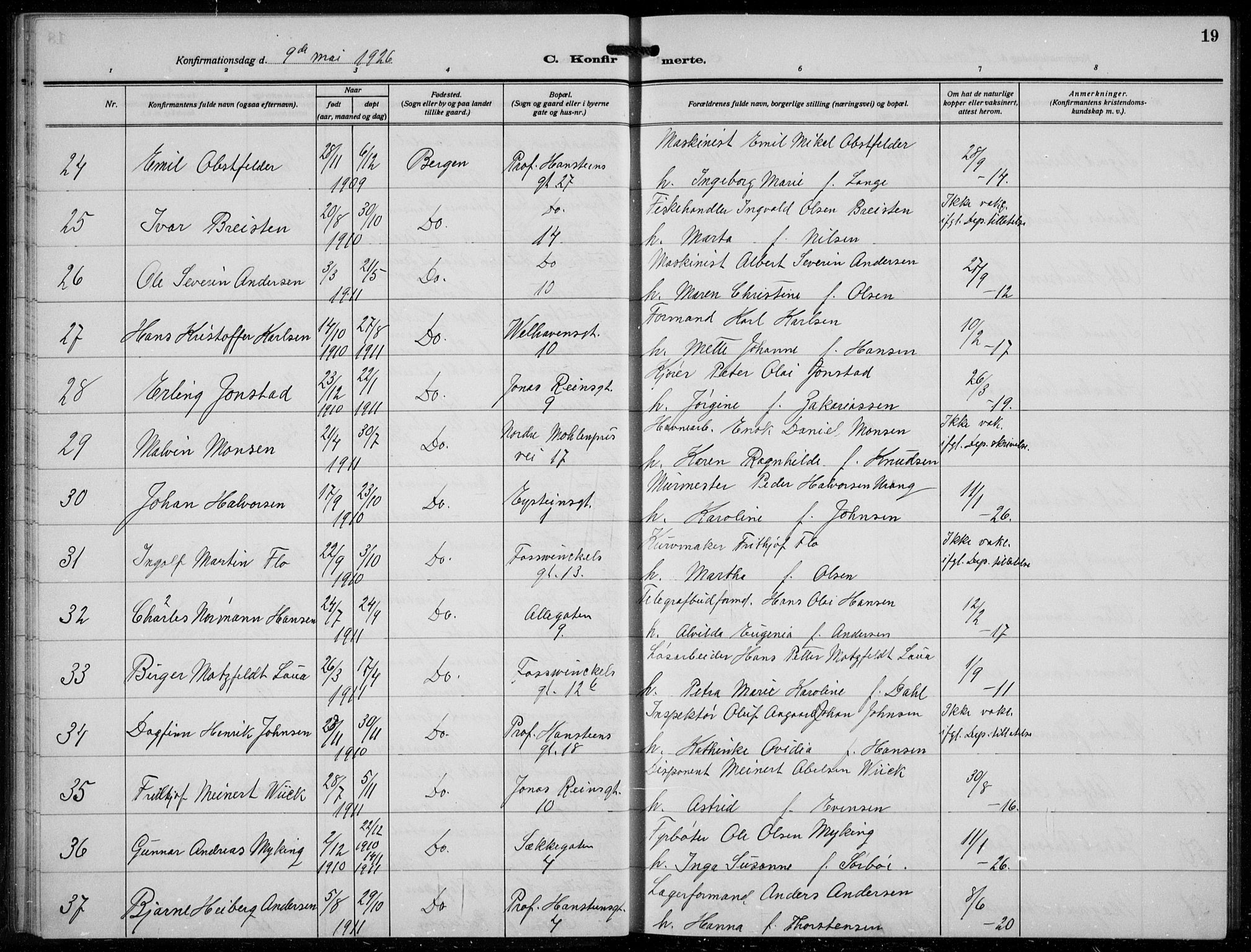 Johanneskirken sokneprestembete, AV/SAB-A-76001/H/Hab: Parish register (copy) no. B  3, 1925-1935, p. 18b-19a