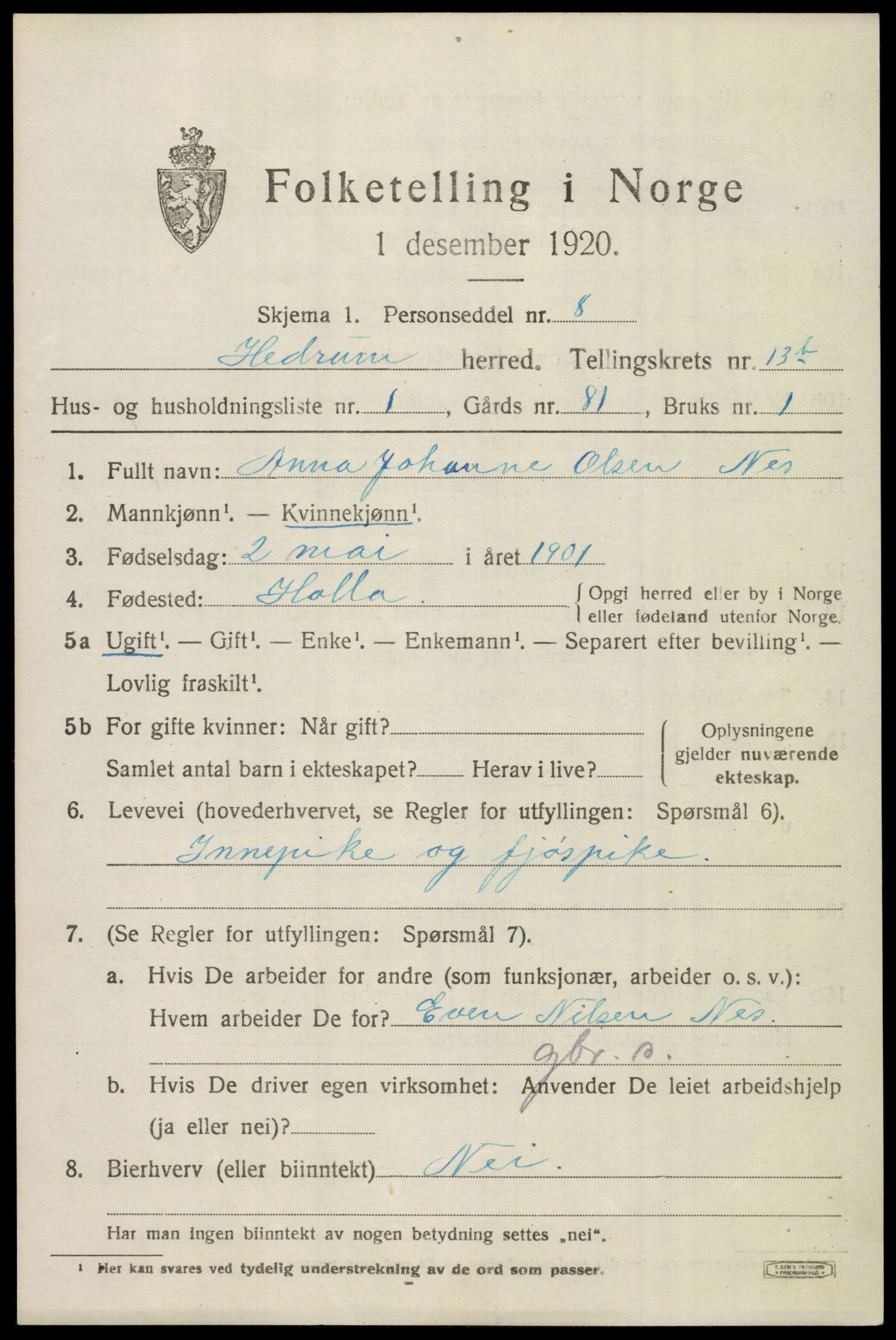 SAKO, 1920 census for Hedrum, 1920, p. 8825