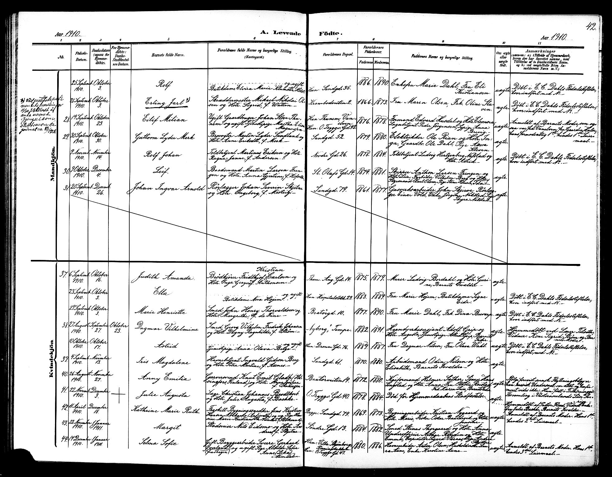 Ministerialprotokoller, klokkerbøker og fødselsregistre - Sør-Trøndelag, AV/SAT-A-1456/602/L0146: Parish register (copy) no. 602C14, 1904-1914, p. 42