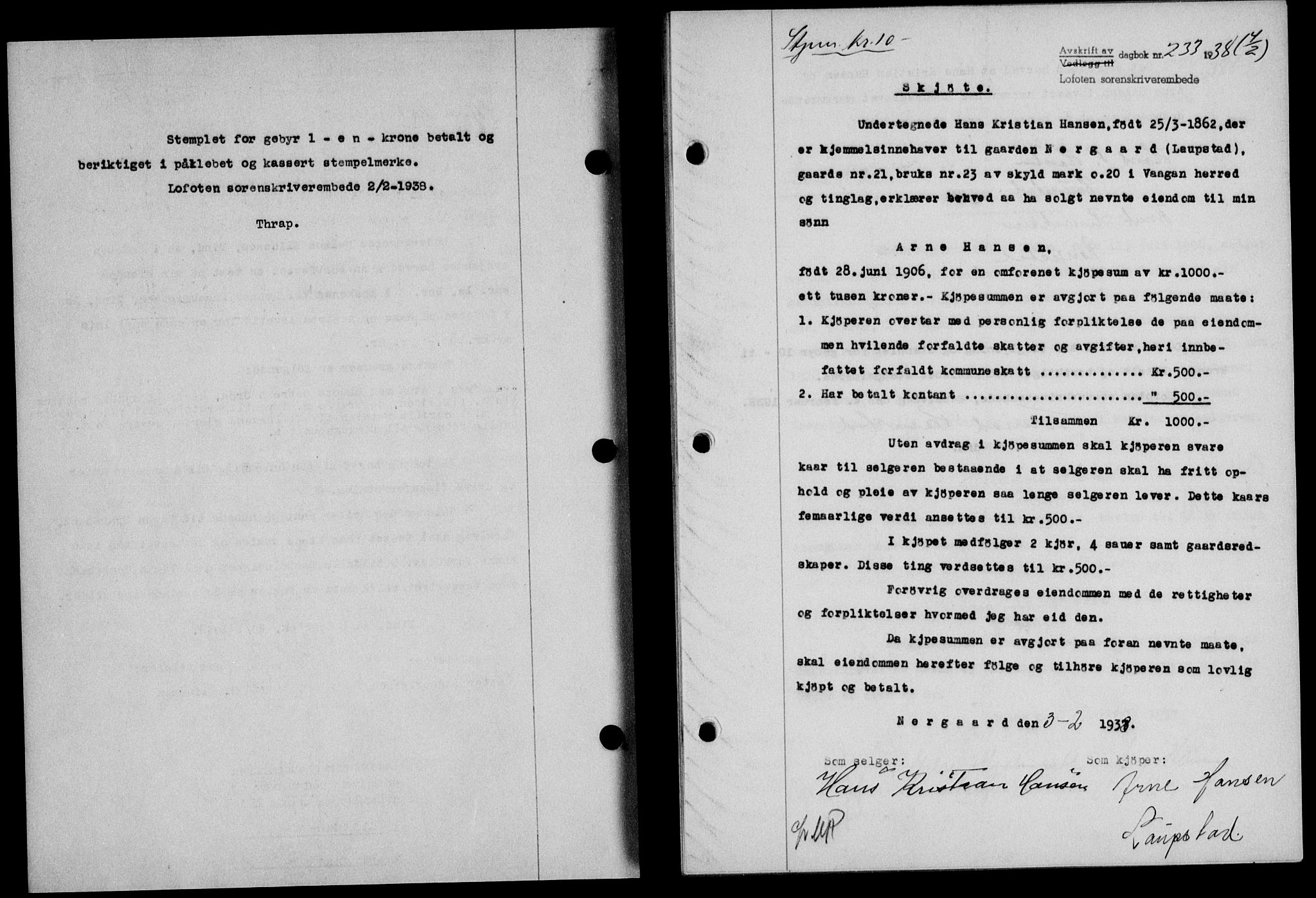 Lofoten sorenskriveri, SAT/A-0017/1/2/2C/L0003a: Mortgage book no. 3a, 1937-1938, Diary no: : 233/1938