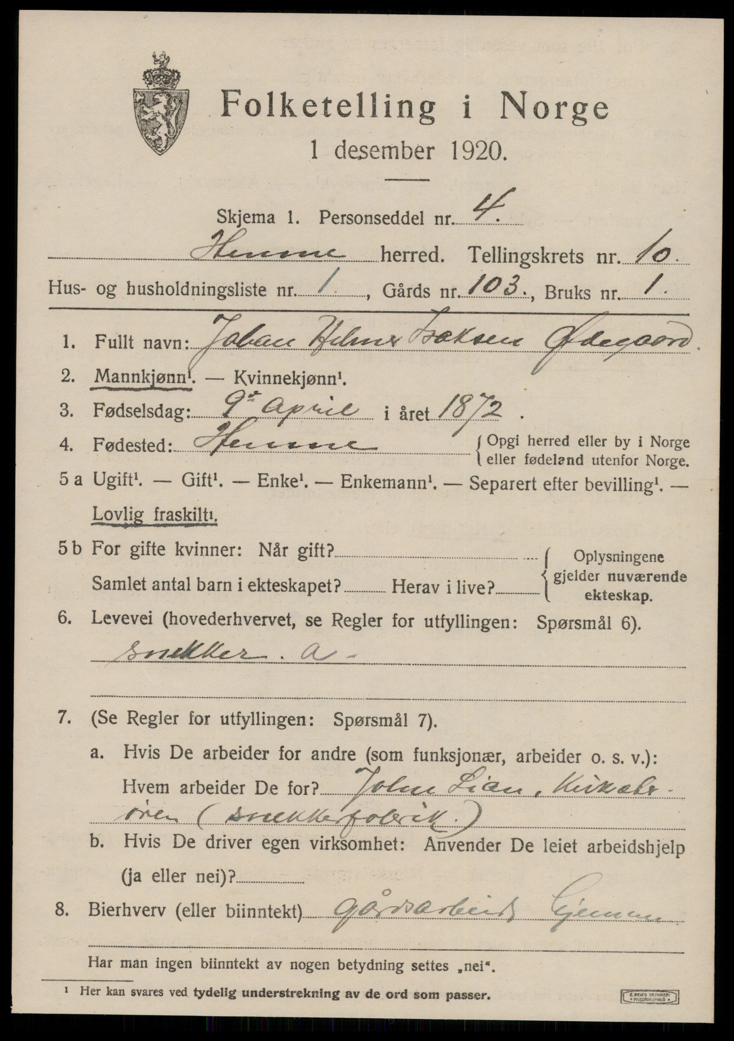 SAT, 1920 census for Hemne, 1920, p. 6128