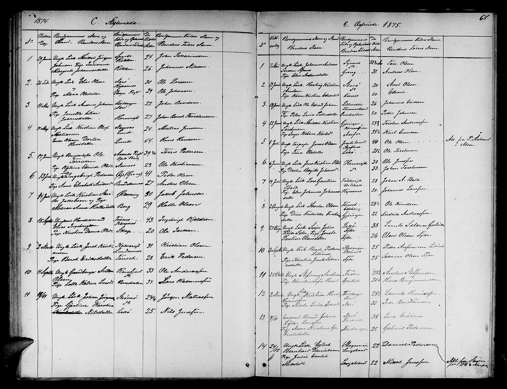 Ministerialprotokoller, klokkerbøker og fødselsregistre - Nord-Trøndelag, AV/SAT-A-1458/780/L0650: Parish register (copy) no. 780C02, 1866-1884, p. 67