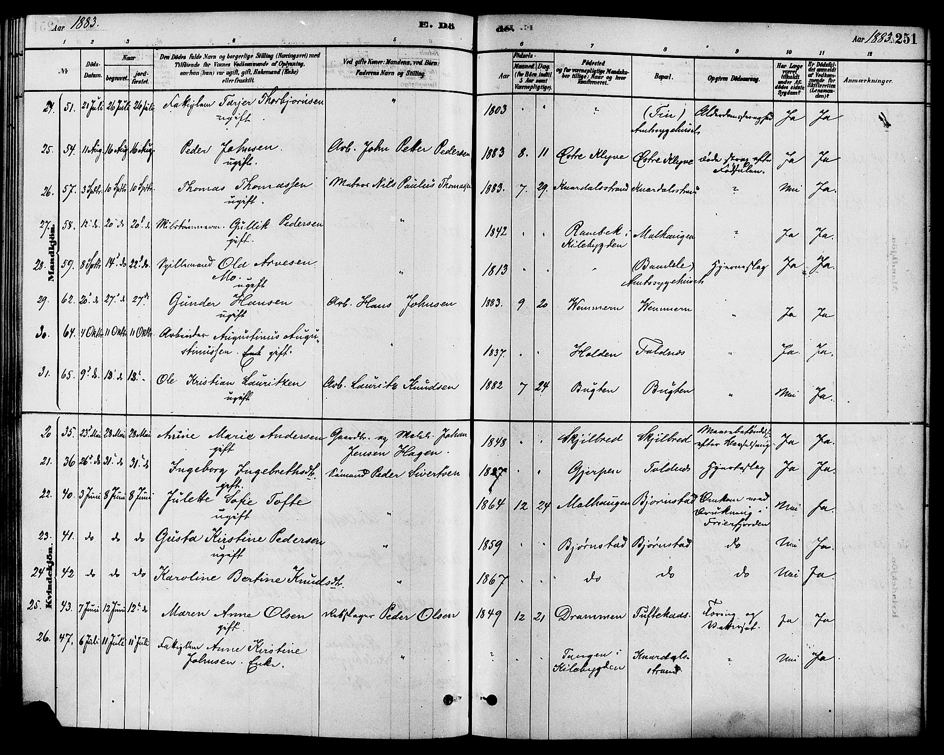 Solum kirkebøker, AV/SAKO-A-306/F/Fa/L0009: Parish register (official) no. I 9, 1877-1887, p. 251