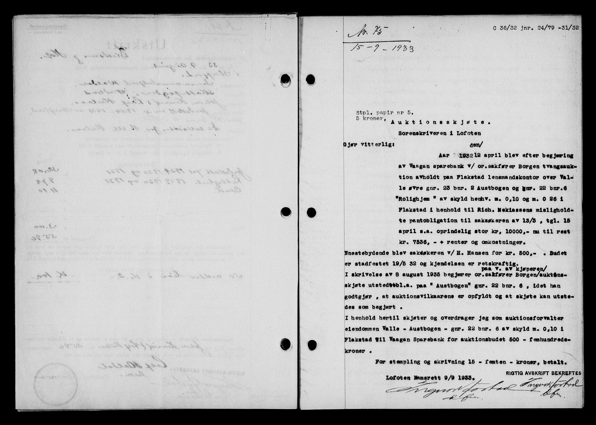 Lofoten sorenskriveri, AV/SAT-A-0017/1/2/2C/L0028b: Mortgage book no. 28b, 1933-1933, Deed date: 15.09.1933