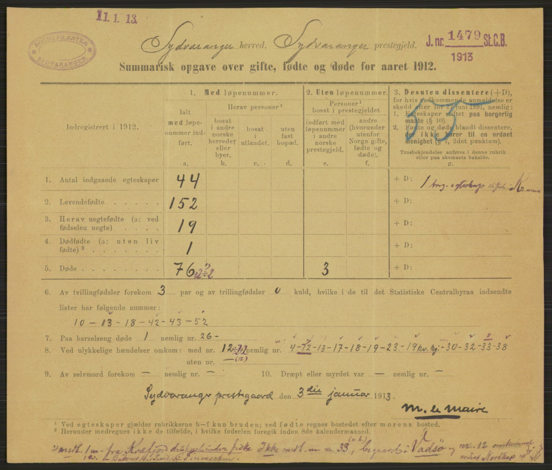 Statistisk sentralbyrå, Sosiodemografiske emner, Befolkning, RA/S-2228/D/Df/Dfb/Dfbb/L0052: Summariske oppgaver over gifte, fødte og døde for hele landet., 1912, p. 1565