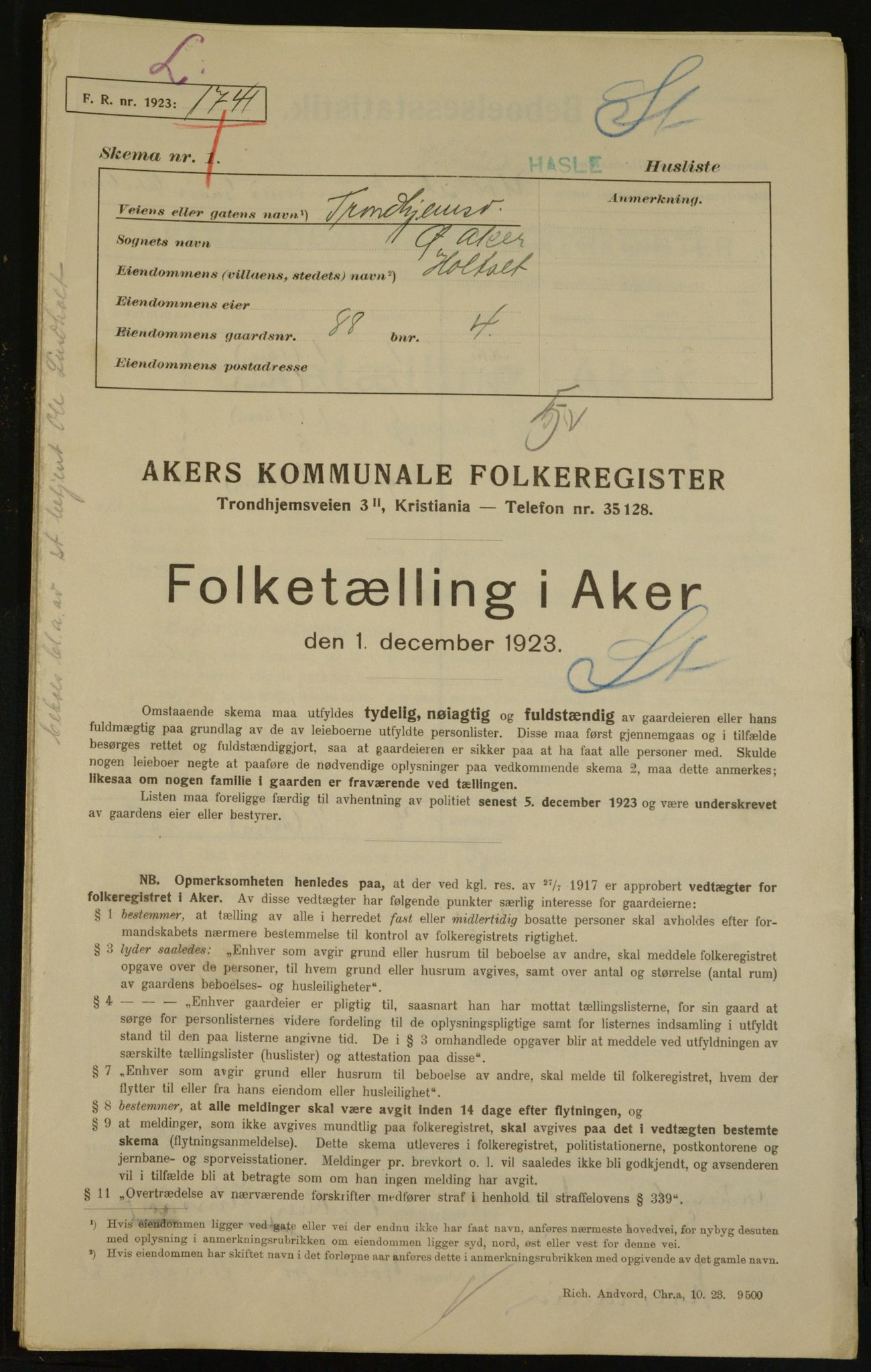 , Municipal Census 1923 for Aker, 1923, p. 33561