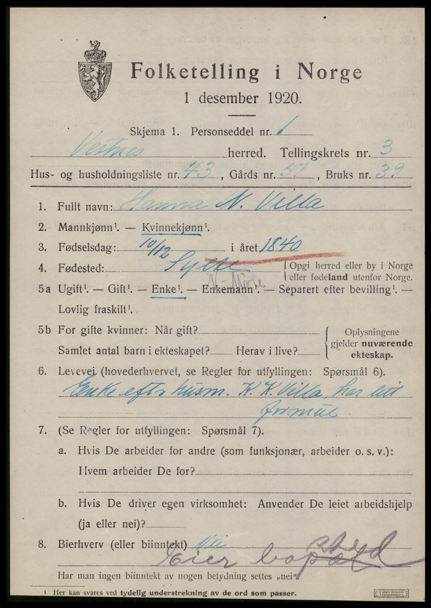 SAT, 1920 census for Vestnes, 1920, p. 3115