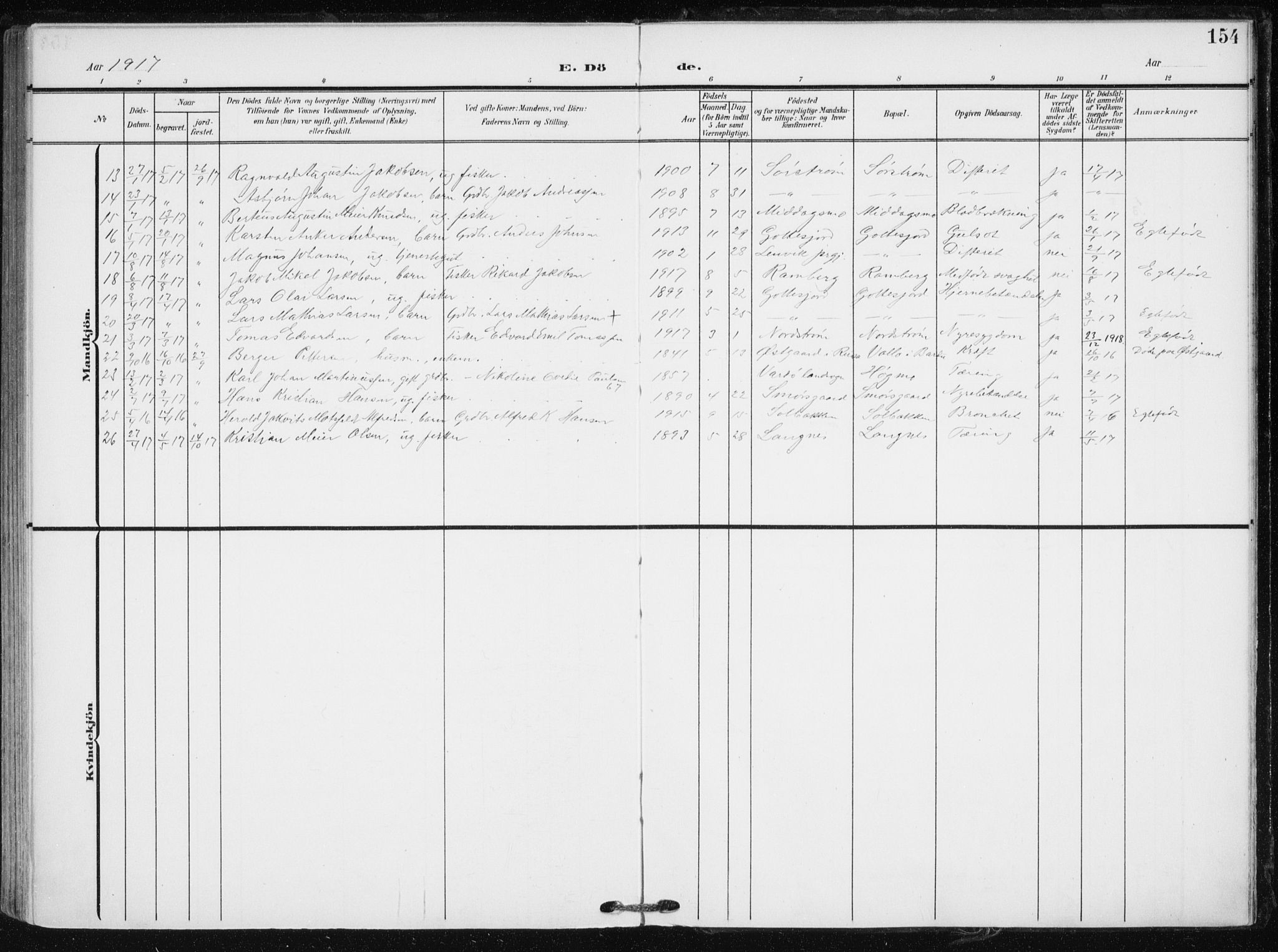 Tranøy sokneprestkontor, SATØ/S-1313/I/Ia/Iaa/L0012kirke: Parish register (official) no. 12, 1905-1918, p. 154