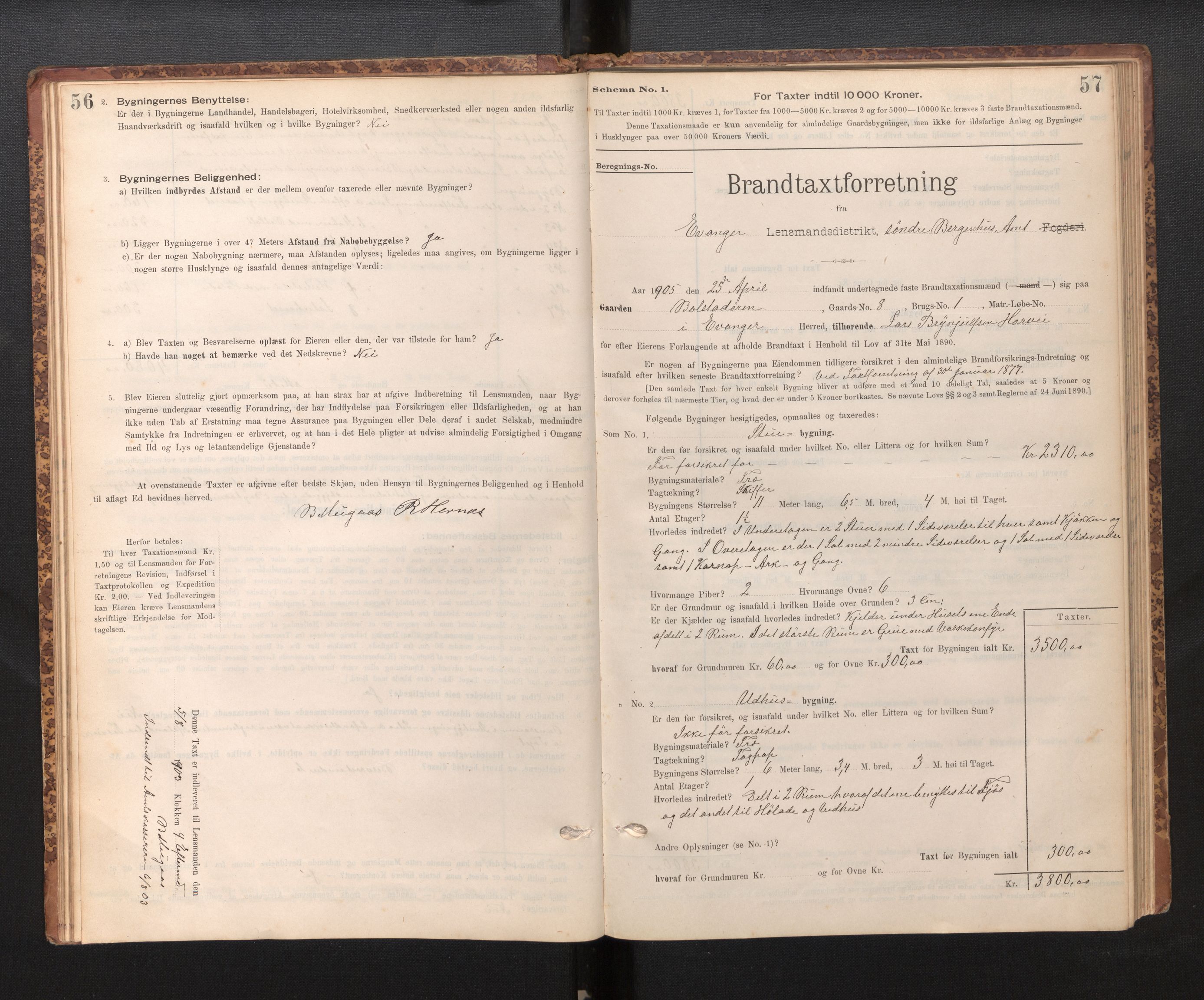 Lensmannen i Evanger, SAB/A-31701/0012/L0005: Branntakstprotokoll, skjematakst, 1895-1935, p. 56-57