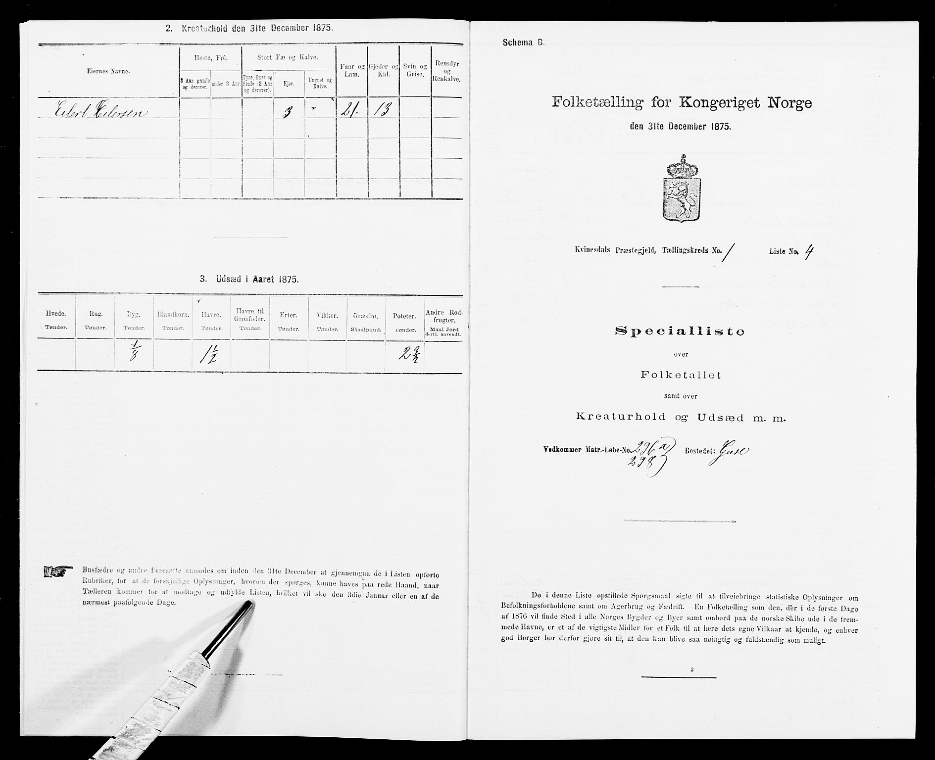 SAK, 1875 census for 1037P Kvinesdal, 1875, p. 97