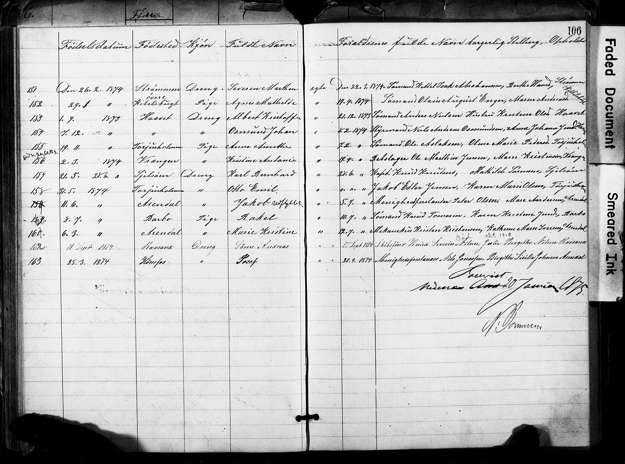 Metodistmenigheten, Arendal, SAK/1292-0011/F/Fa/L0001: Dissenter register no. F-2, 1867-1879, p. 106