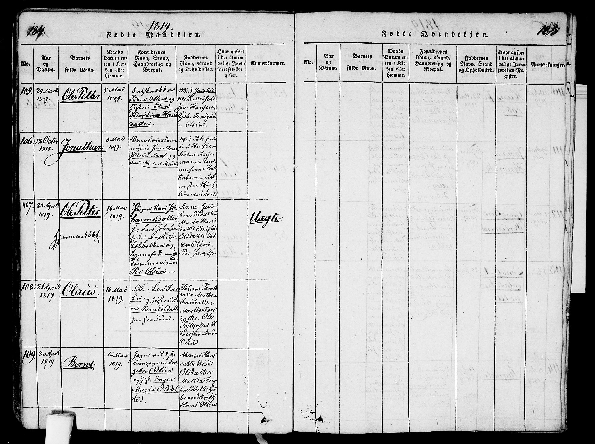 Garnisonsmenigheten Kirkebøker, AV/SAO-A-10846/G/Ga/L0003: Parish register (copy) no. 3, 1815-1819, p. 184-185