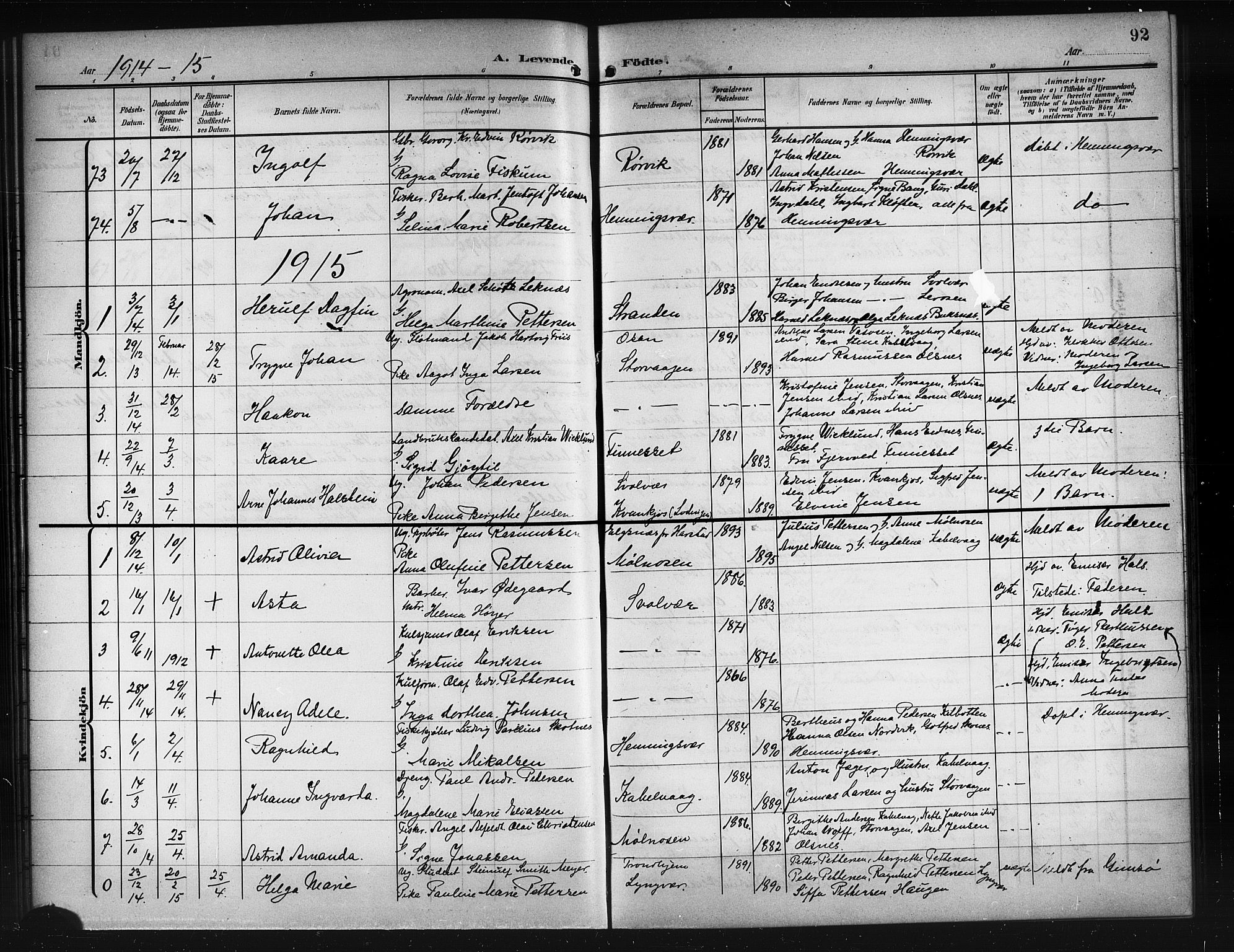 Ministerialprotokoller, klokkerbøker og fødselsregistre - Nordland, AV/SAT-A-1459/874/L1079: Parish register (copy) no. 874C08, 1907-1915, p. 92