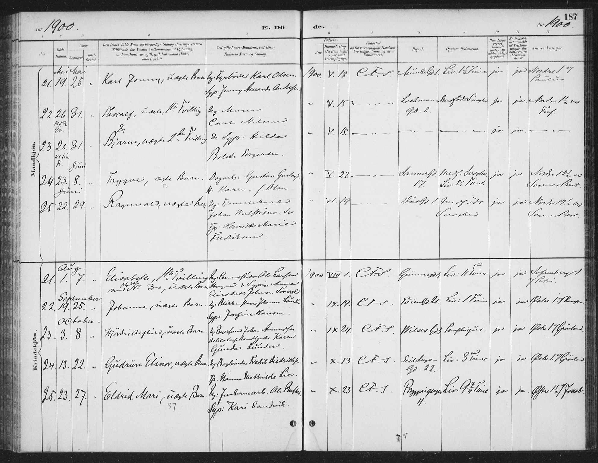 Rikshospitalet prestekontor Kirkebøker, SAO/A-10309b/F/L0010: Parish register (official) no. 10, 1888-1912, p. 187