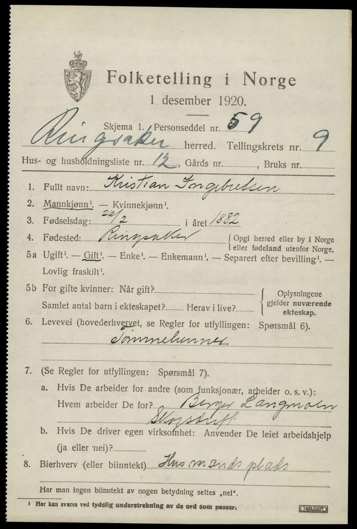 SAH, 1920 census for Ringsaker, 1920, p. 18186