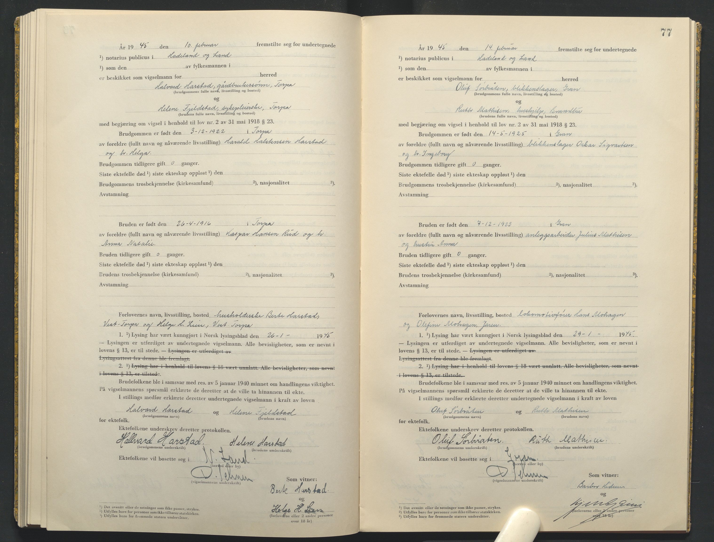 Hadeland og Land tingrett, AV/SAH-TING-010/L/Lb/L0003: Vigselbok, 1944-1946, p. 77