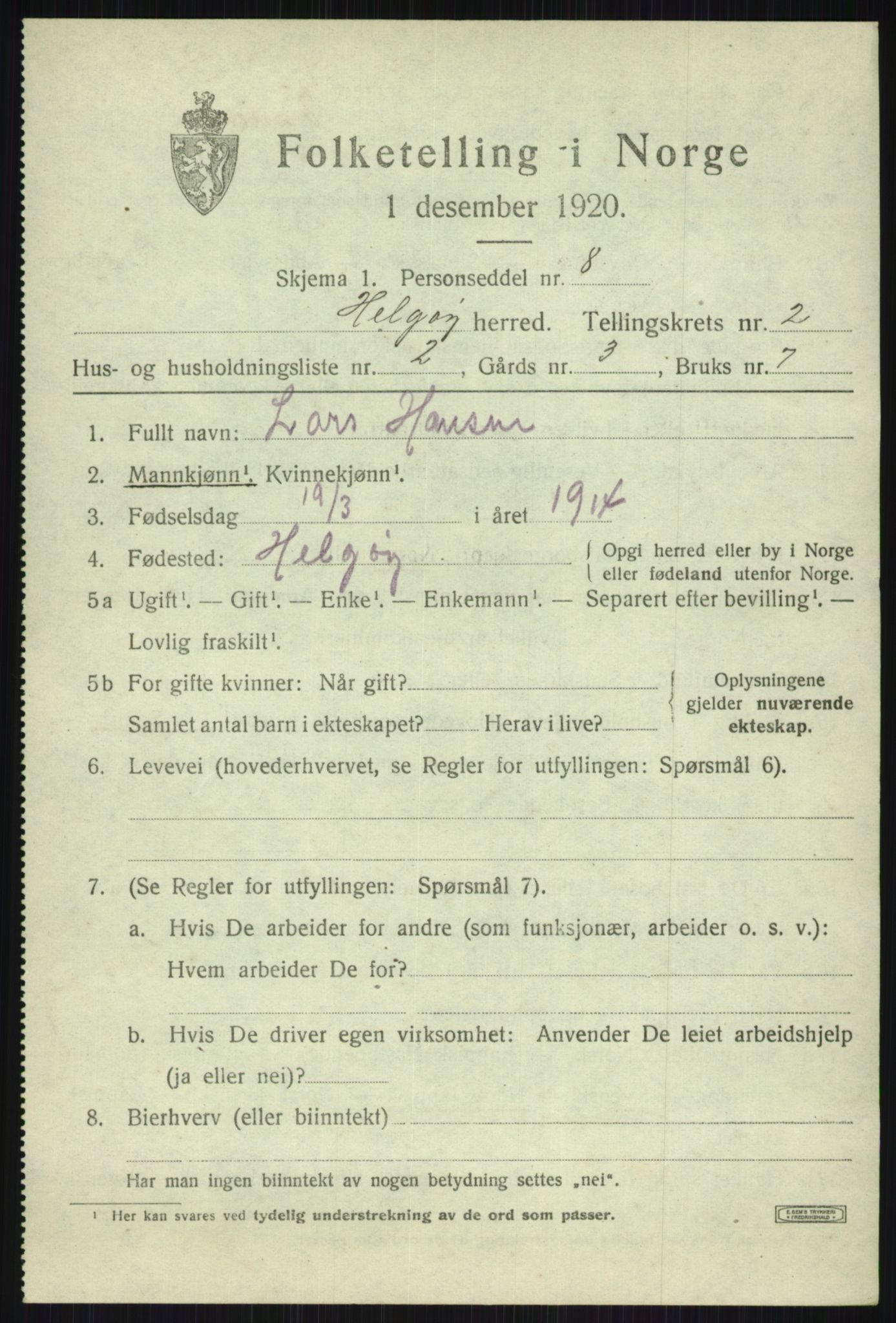 SATØ, 1920 census for Helgøy, 1920, p. 1159
