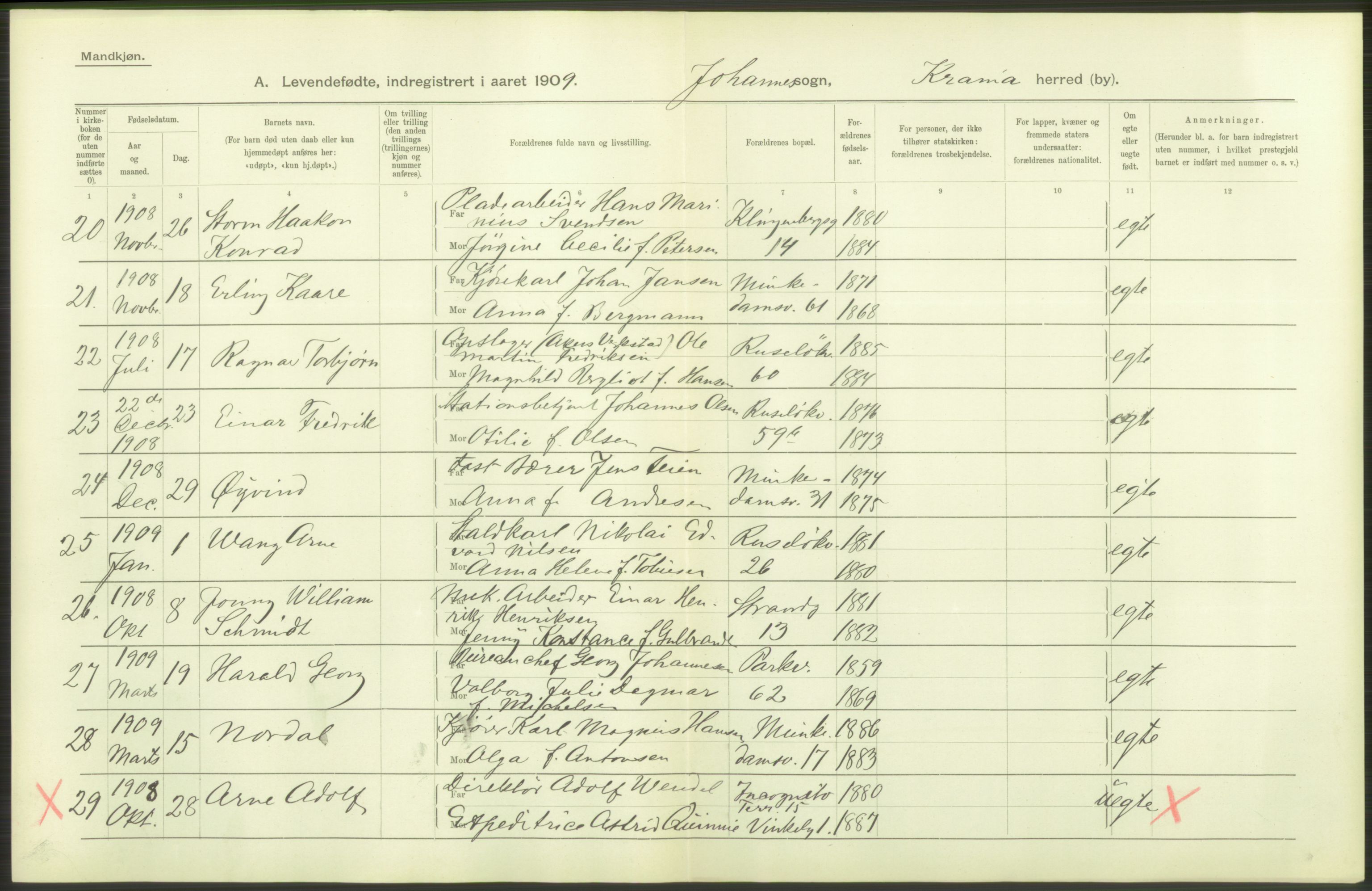 Statistisk sentralbyrå, Sosiodemografiske emner, Befolkning, AV/RA-S-2228/D/Df/Dfa/Dfag/L0007: Kristiania: Levendefødte menn og kvinner., 1909, p. 20