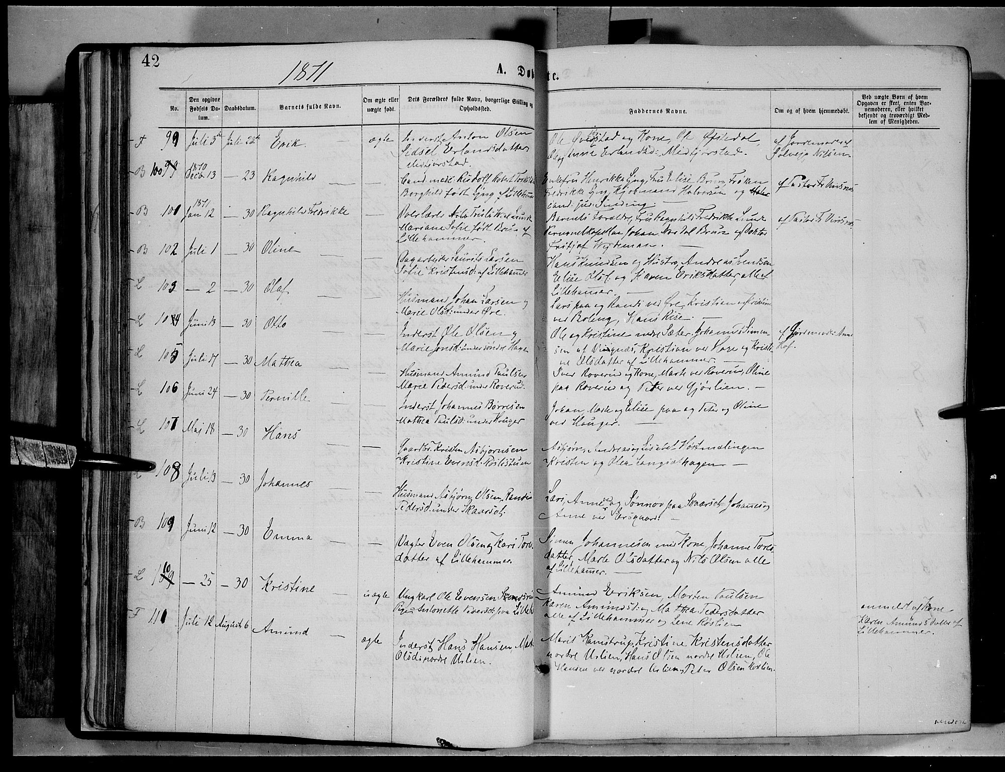 Fåberg prestekontor, AV/SAH-PREST-086/H/Ha/Haa/L0007: Parish register (official) no. 7, 1868-1878, p. 42