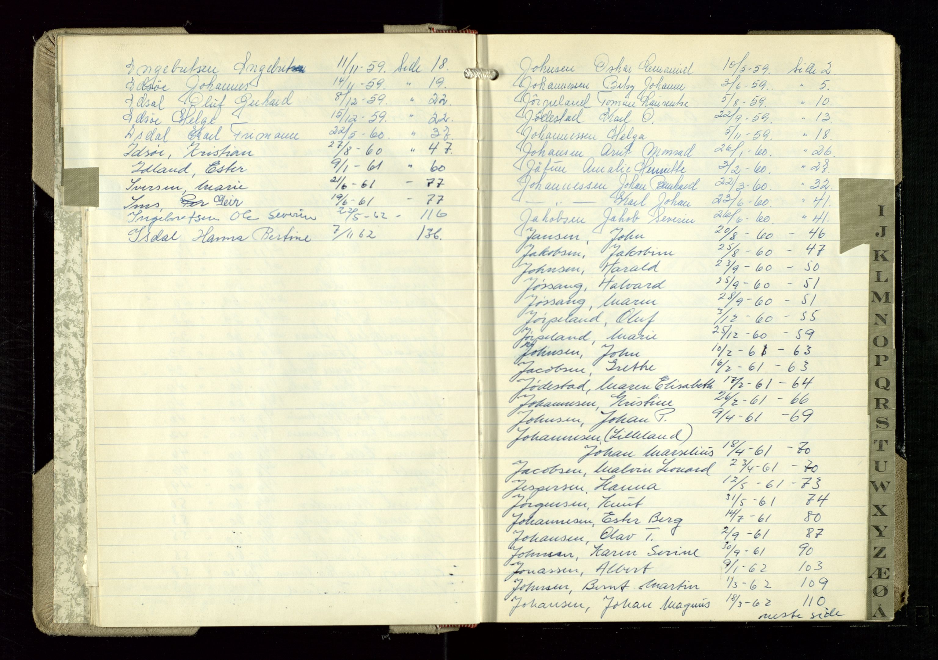 Hetland lensmannskontor, AV/SAST-A-100101/Gga/L0007: "Protokoll over anmeldte dødsfall" (med alfabetisk navneregister), 1959-1963