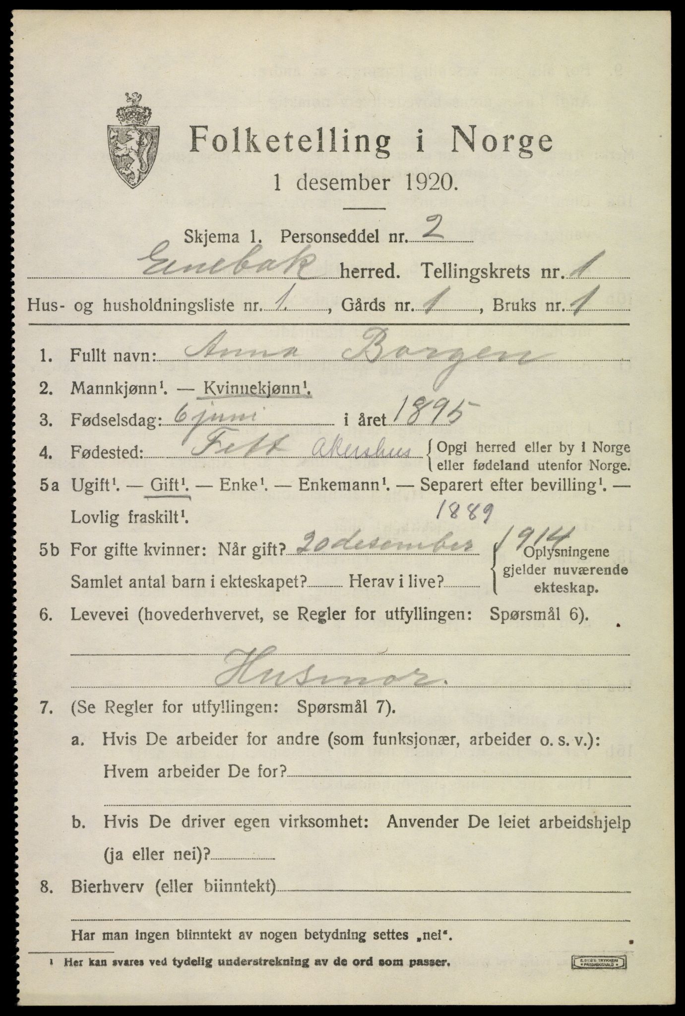 SAO, 1920 census for Enebakk, 1920, p. 1041