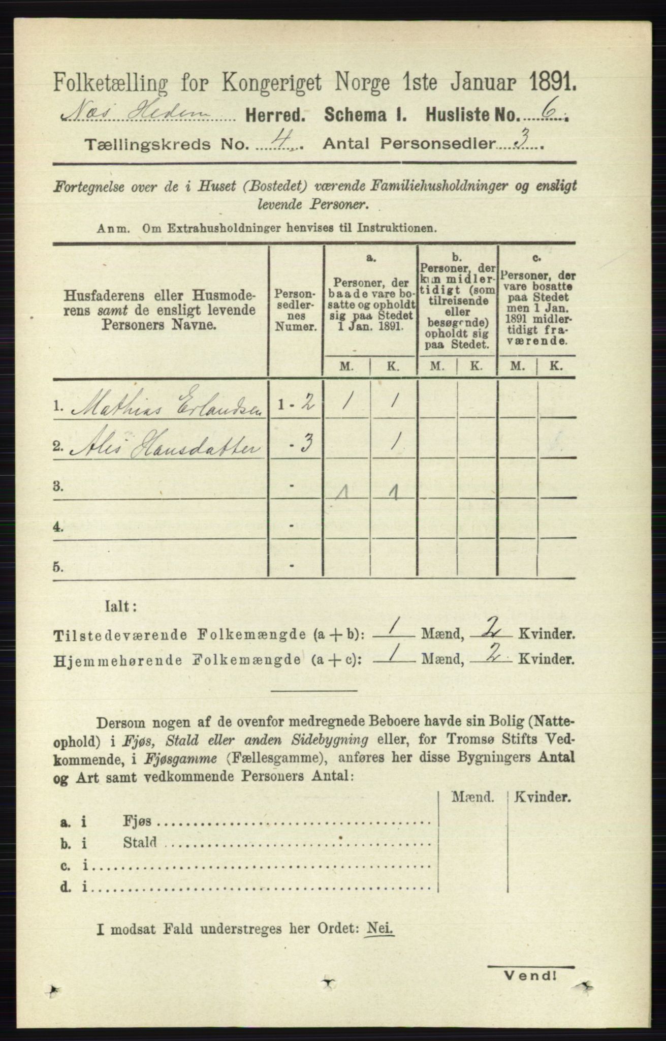 RA, 1891 census for 0411 Nes, 1891, p. 1958