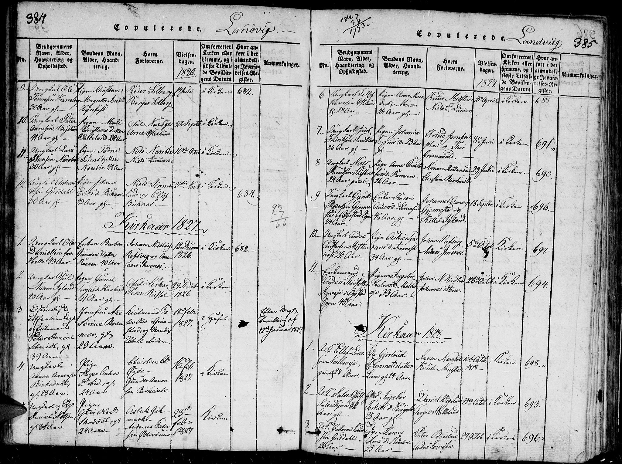 Hommedal sokneprestkontor, SAK/1111-0023/F/Fb/Fbb/L0003: Parish register (copy) no. B 3 /1, 1816-1850, p. 384-385