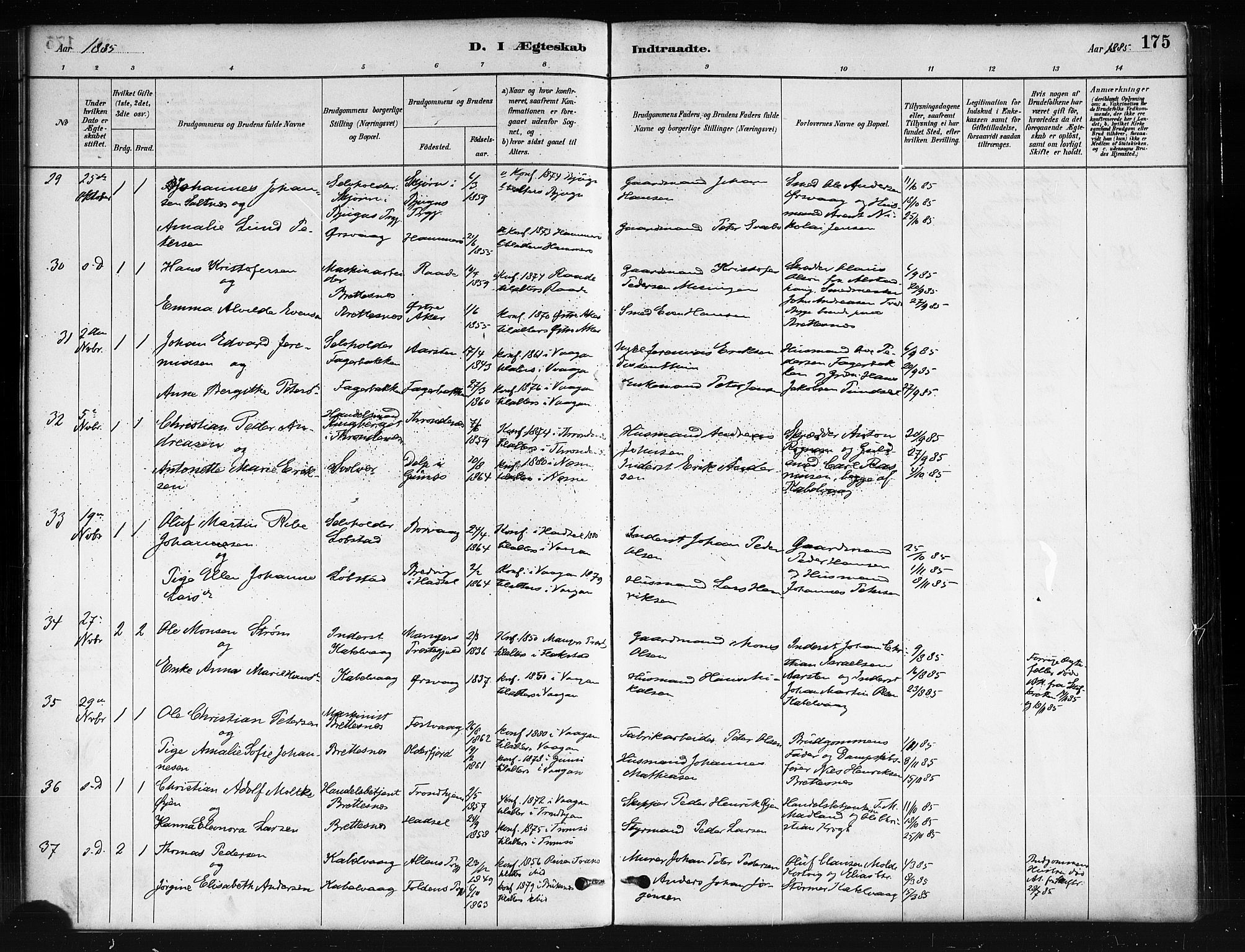 Ministerialprotokoller, klokkerbøker og fødselsregistre - Nordland, AV/SAT-A-1459/874/L1059: Parish register (official) no. 874A03, 1884-1890, p. 175