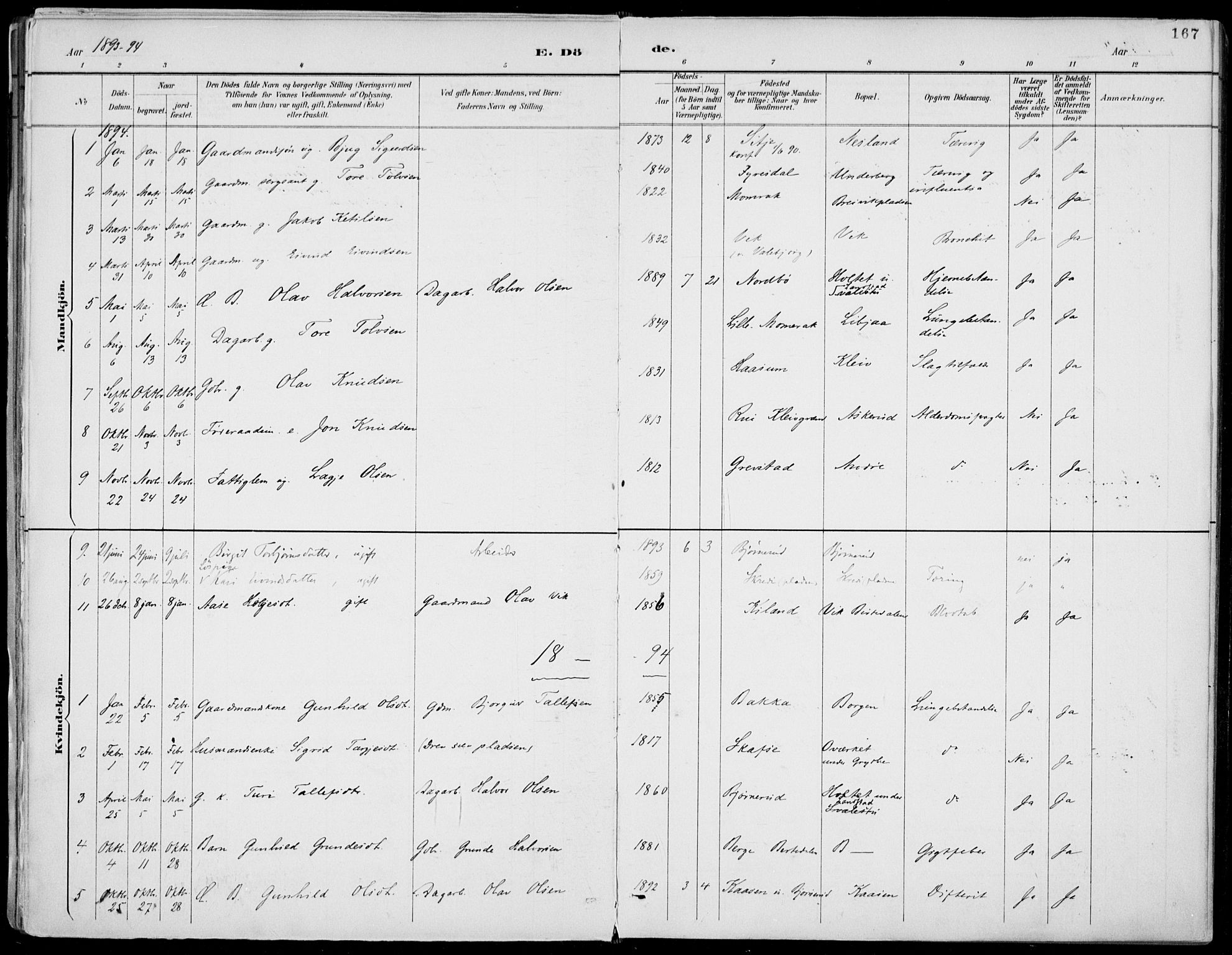 Fyresdal kirkebøker, AV/SAKO-A-263/F/Fa/L0007: Parish register (official) no. I 7, 1887-1914, p. 167