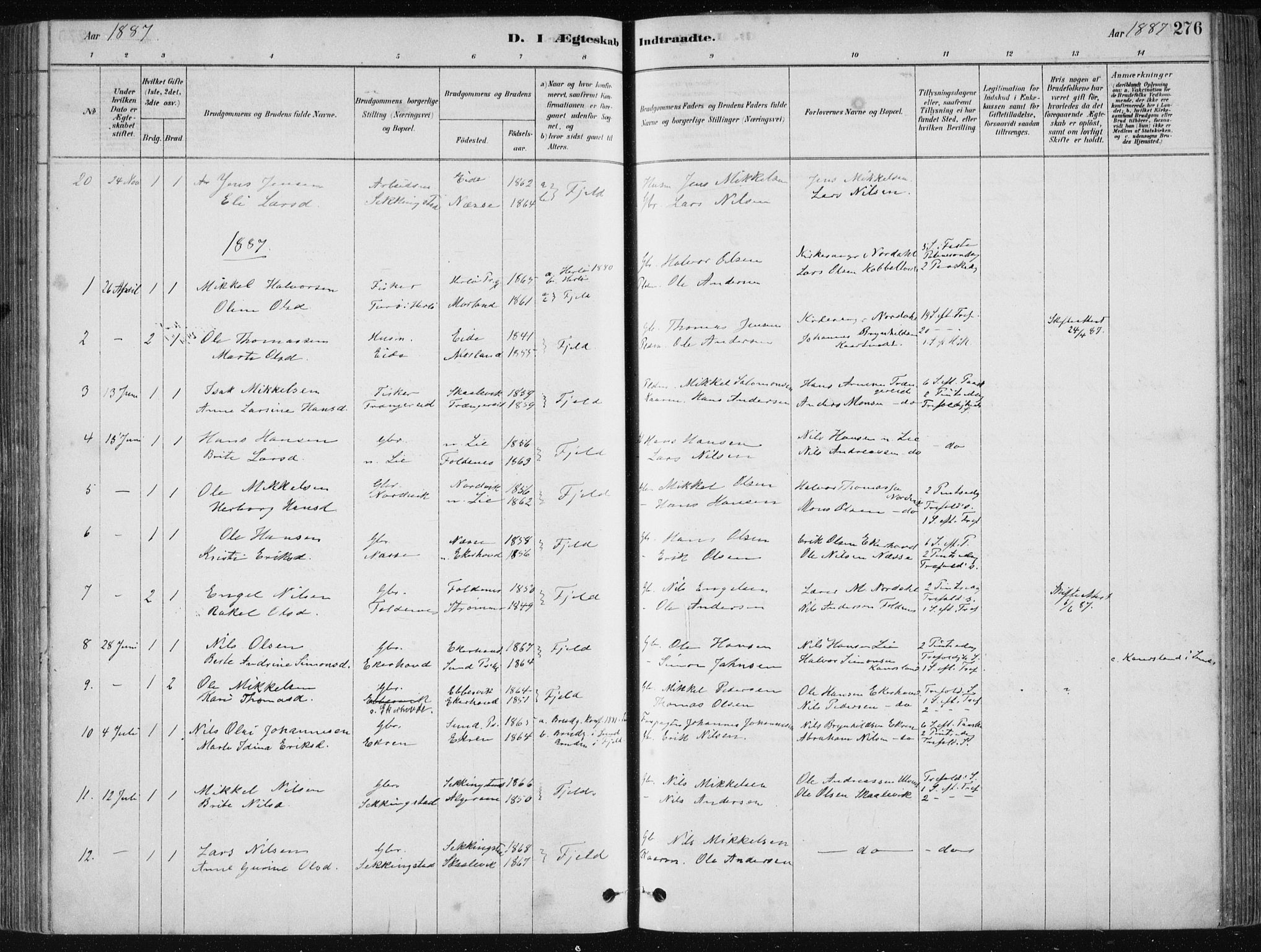 Fjell sokneprestembete, SAB/A-75301/H/Haa: Parish register (official) no. A  8, 1878-1898, p. 276