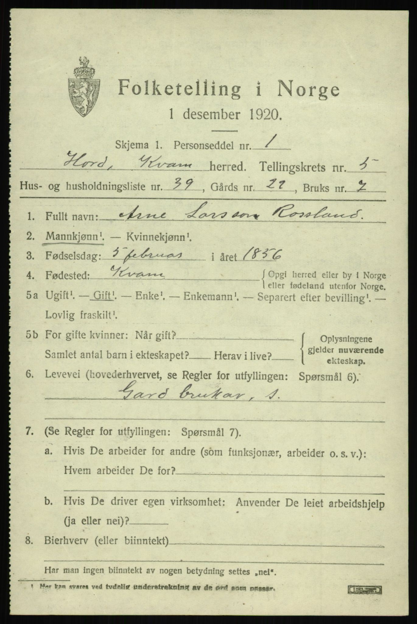 SAB, 1920 census for Kvam, 1920, p. 4215