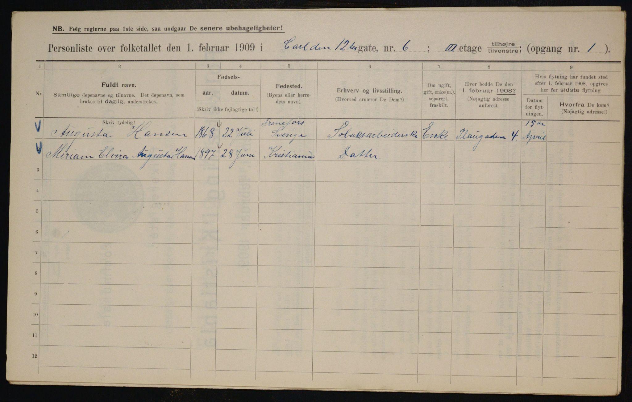 OBA, Municipal Census 1909 for Kristiania, 1909, p. 44110