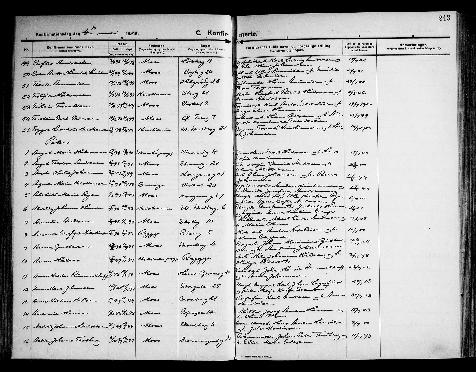 Moss prestekontor Kirkebøker, AV/SAO-A-2003/F/Fb/L0005: Parish register (official) no. II 5, 1913-1923, p. 243