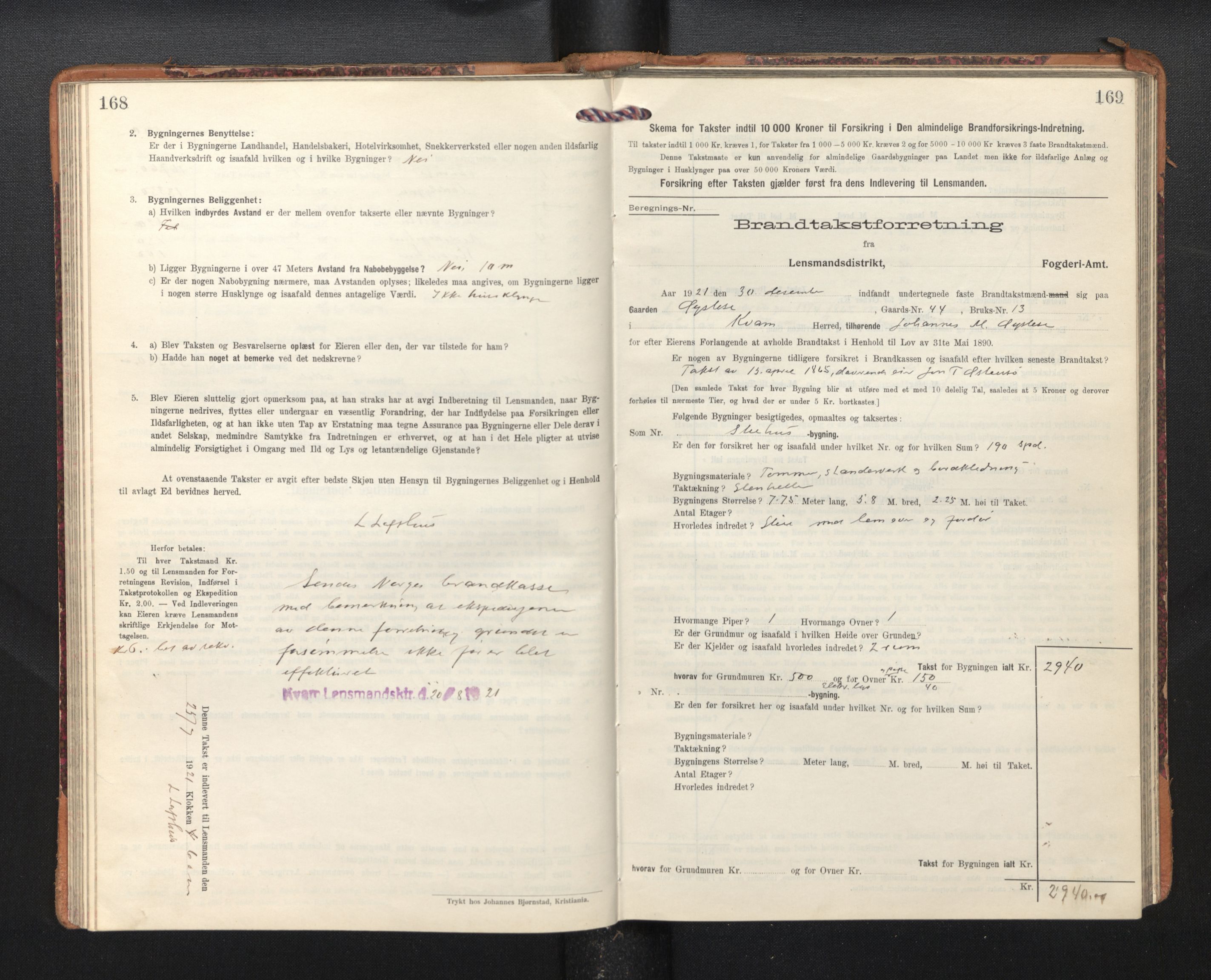 Lensmannen i Kvam, AV/SAB-A-33201/0012/L0006: Branntakstprotokoll, skjematakst, 1913-1955, p. 168-169