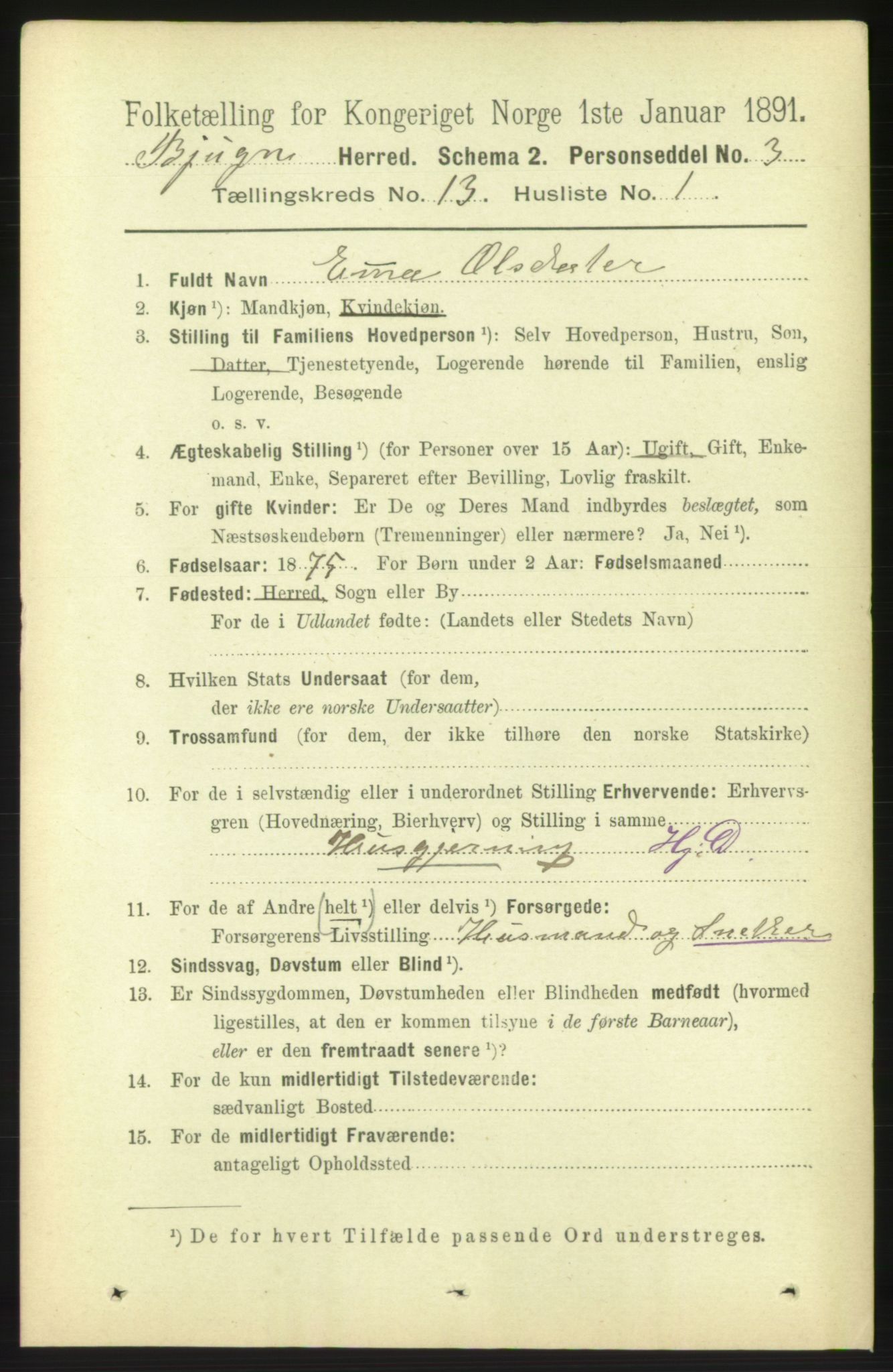 RA, 1891 census for 1627 Bjugn, 1891, p. 3760