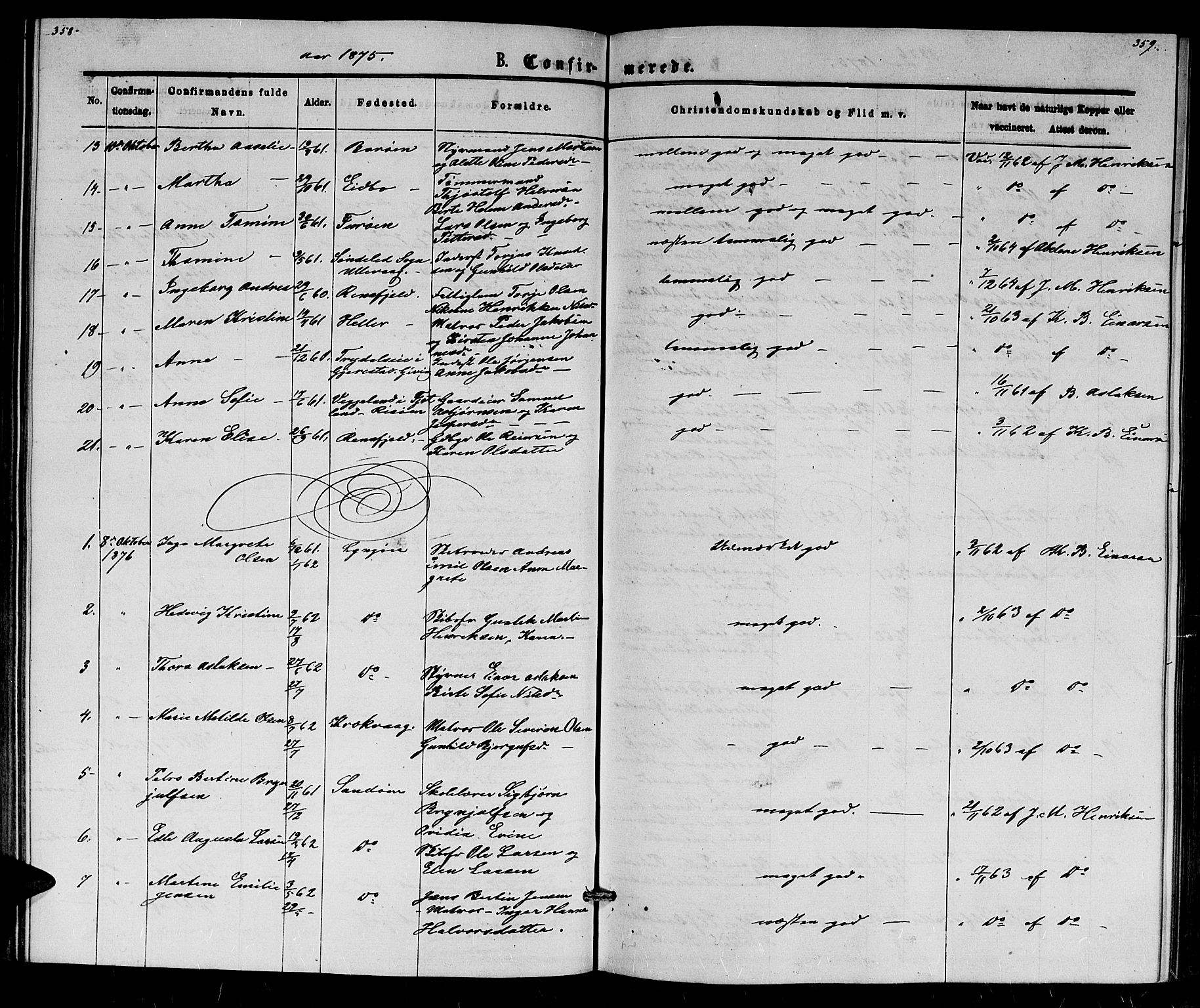 Dypvåg sokneprestkontor, AV/SAK-1111-0007/F/Fb/Fba/L0012: Parish register (copy) no. B 12, 1872-1886, p. 358-359