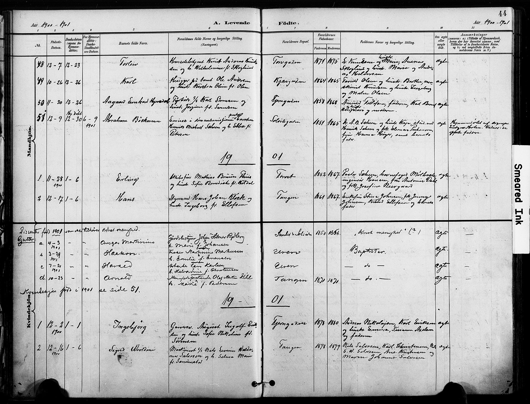 Risør sokneprestkontor, AV/SAK-1111-0035/F/Fa/L0010: Parish register (official) no. A 10, 1896-1906, p. 44