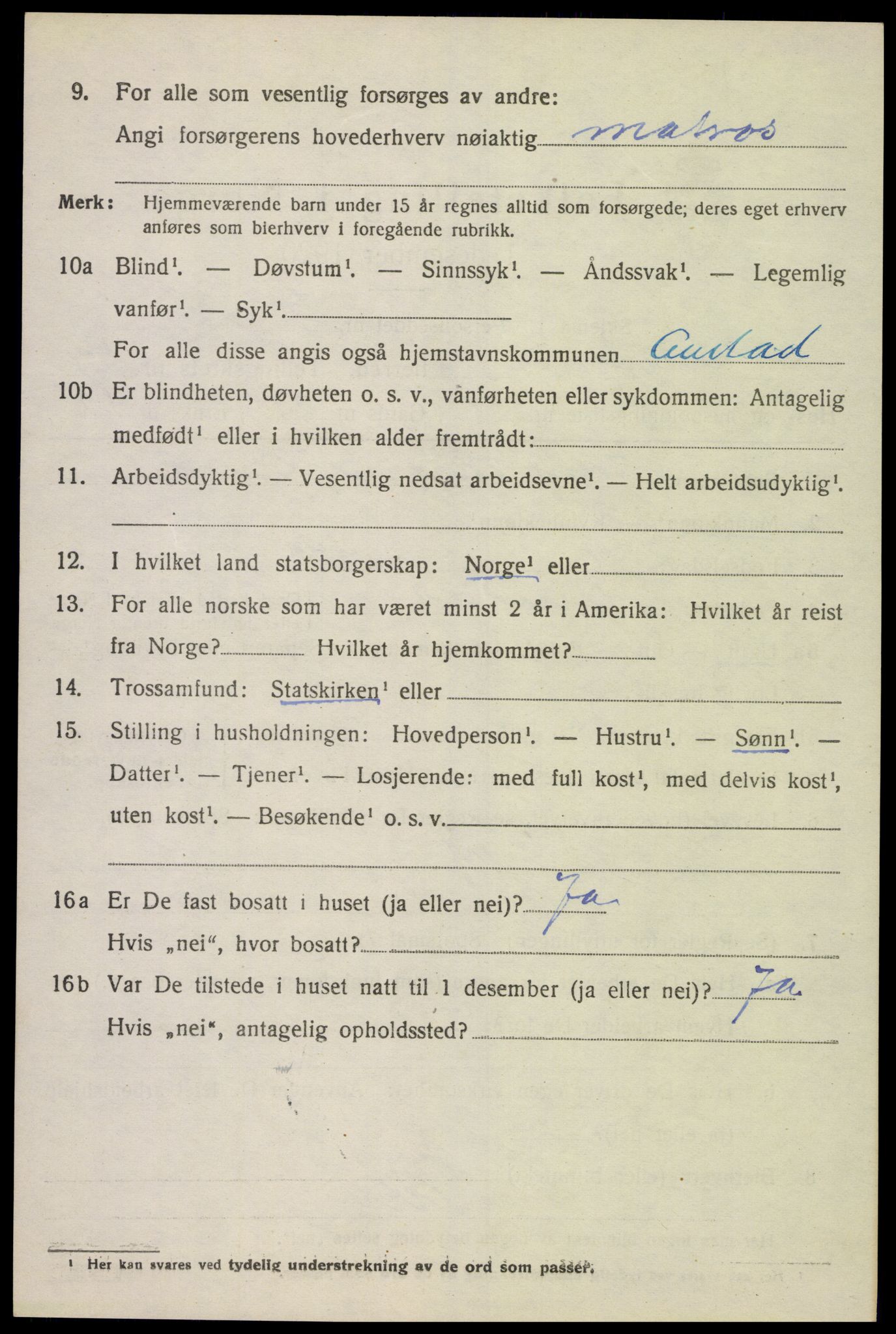 SAK, 1920 census for Austad, 1920, p. 1412