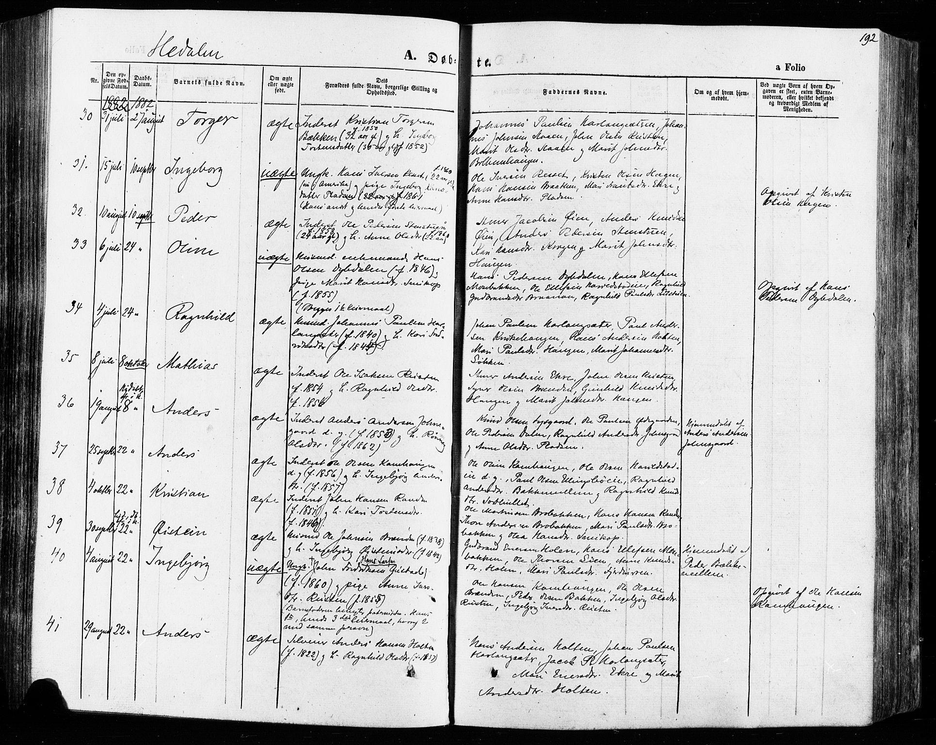 Vågå prestekontor, SAH/PREST-076/H/Ha/Haa/L0007: Parish register (official) no. 7 /2, 1873-1886, p. 192